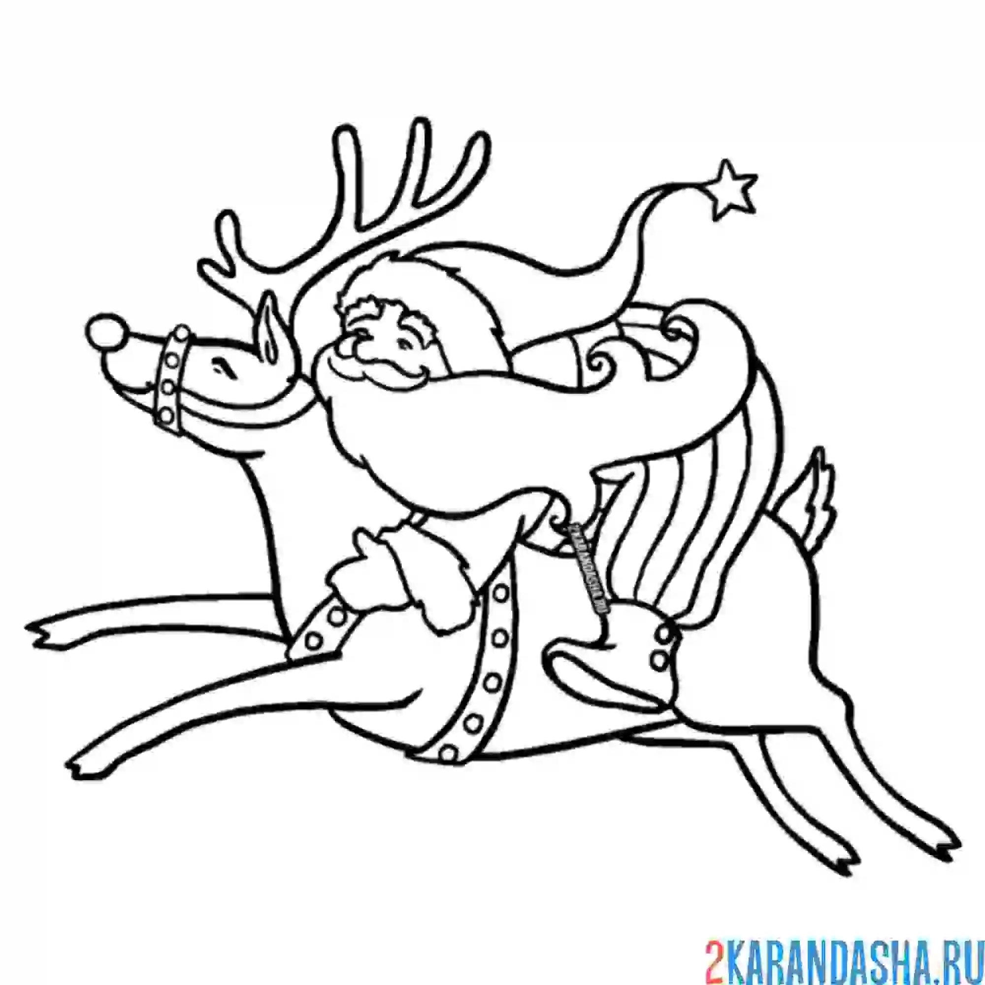 Раскраска дед мороз на новогоднем олене