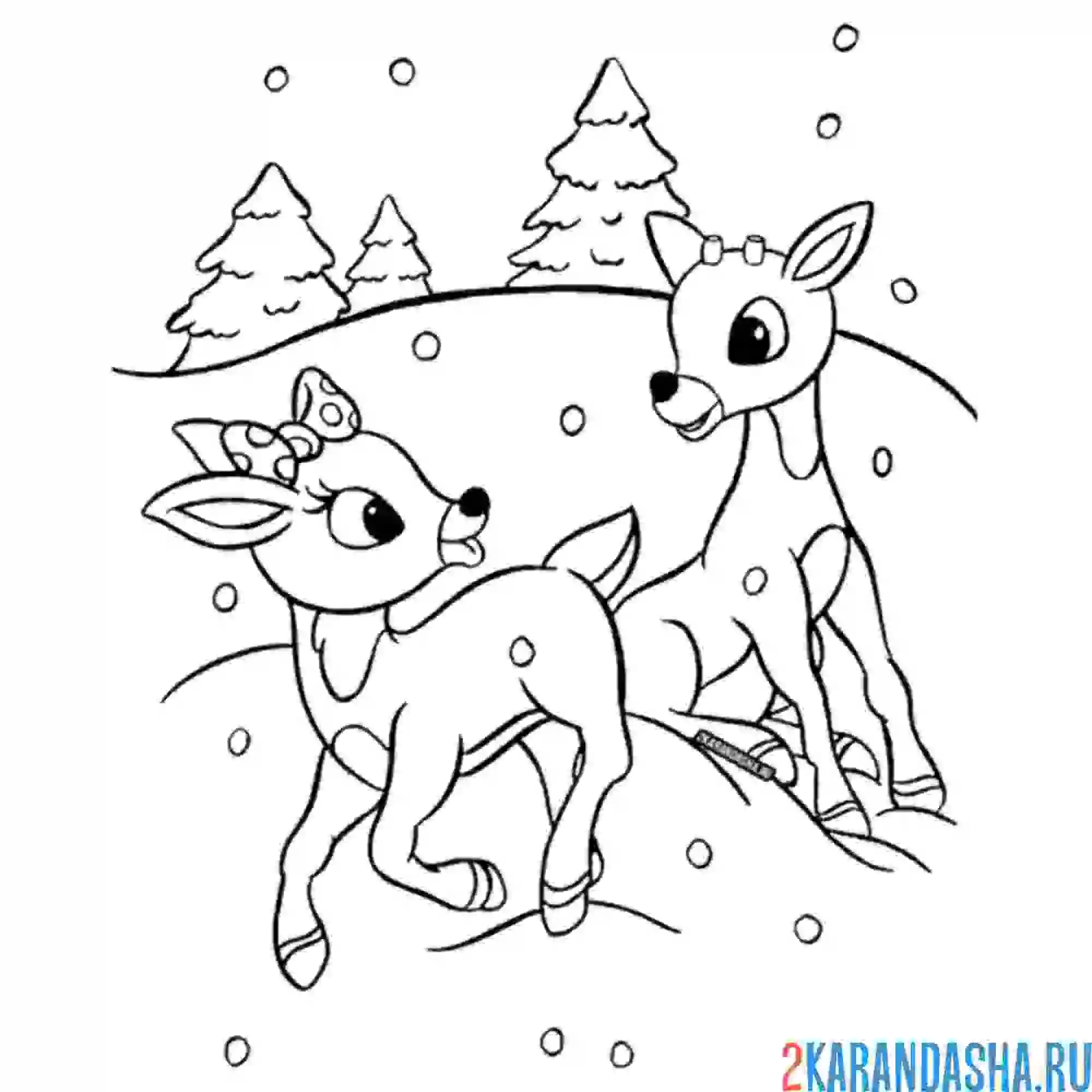 Раскраска два оленя в новый год