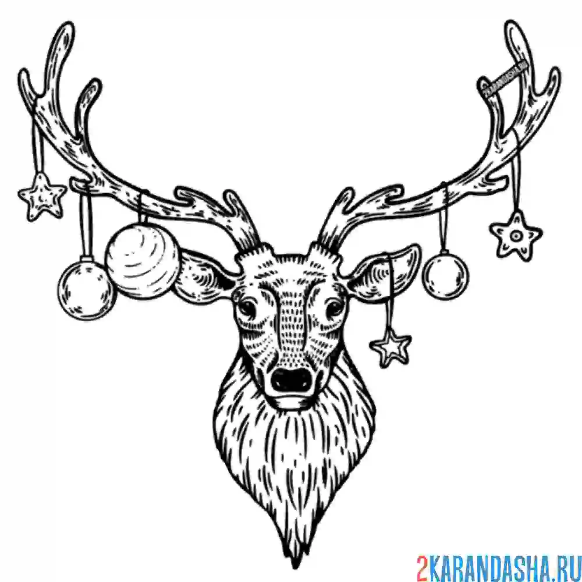 Раскраска новогодний олень с шарами на рогах