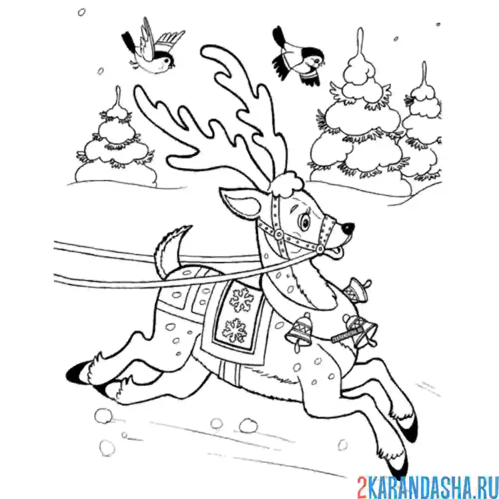 Раскраска новогодний олень в лесу