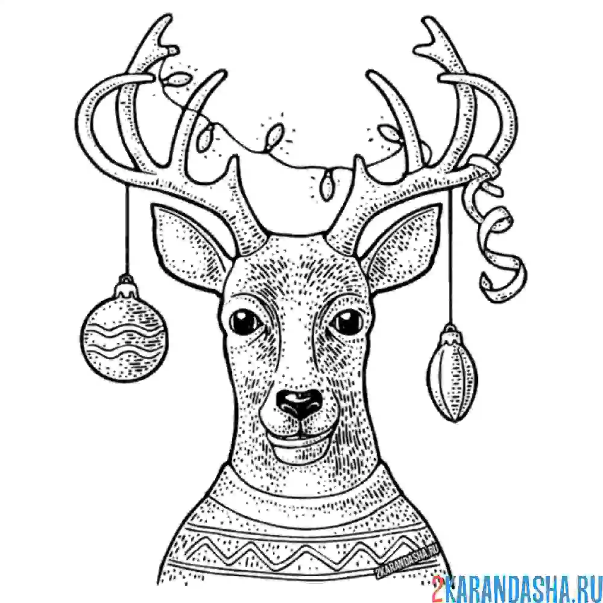 Раскраска голова новогоднего оленя