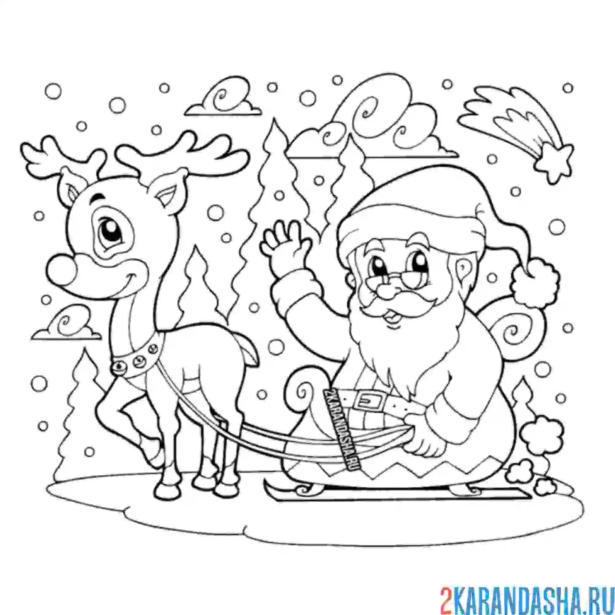 Раскраска дед мороз и новогодний олень