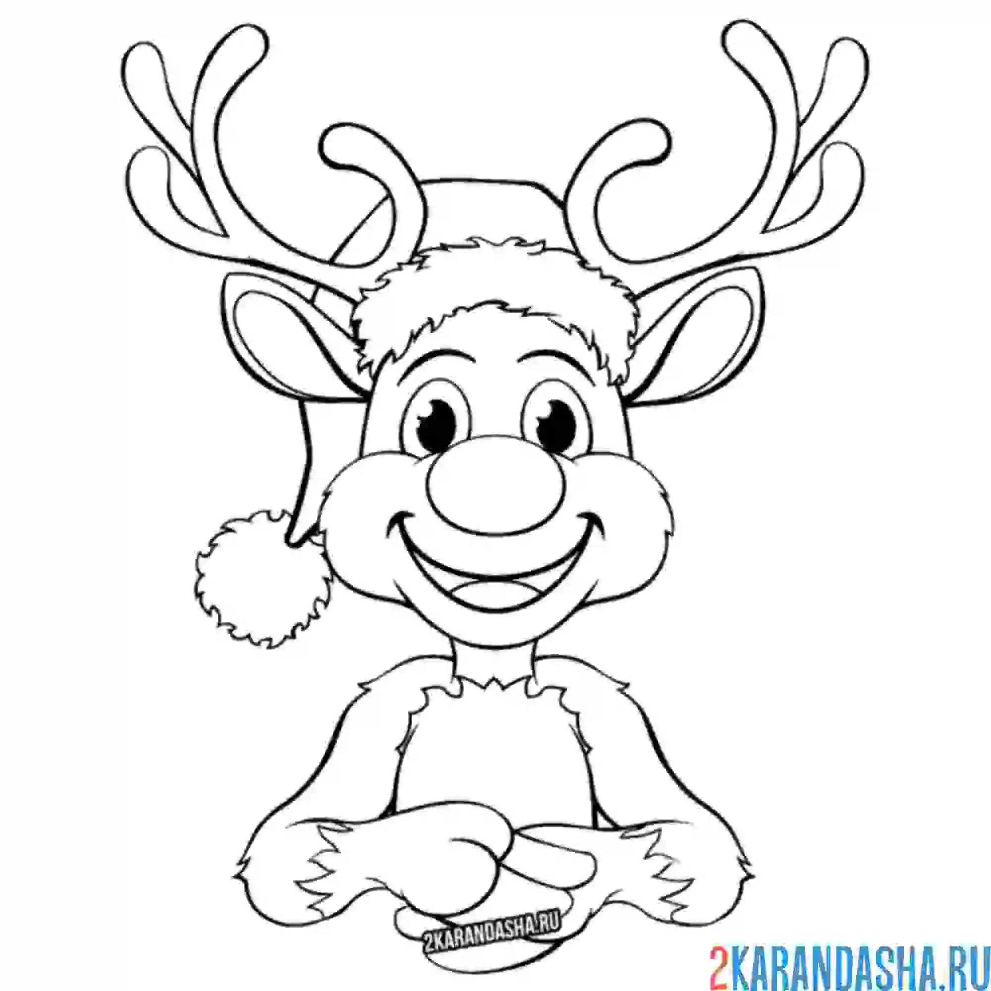 Раскраска смешной новогодний олень в шапке