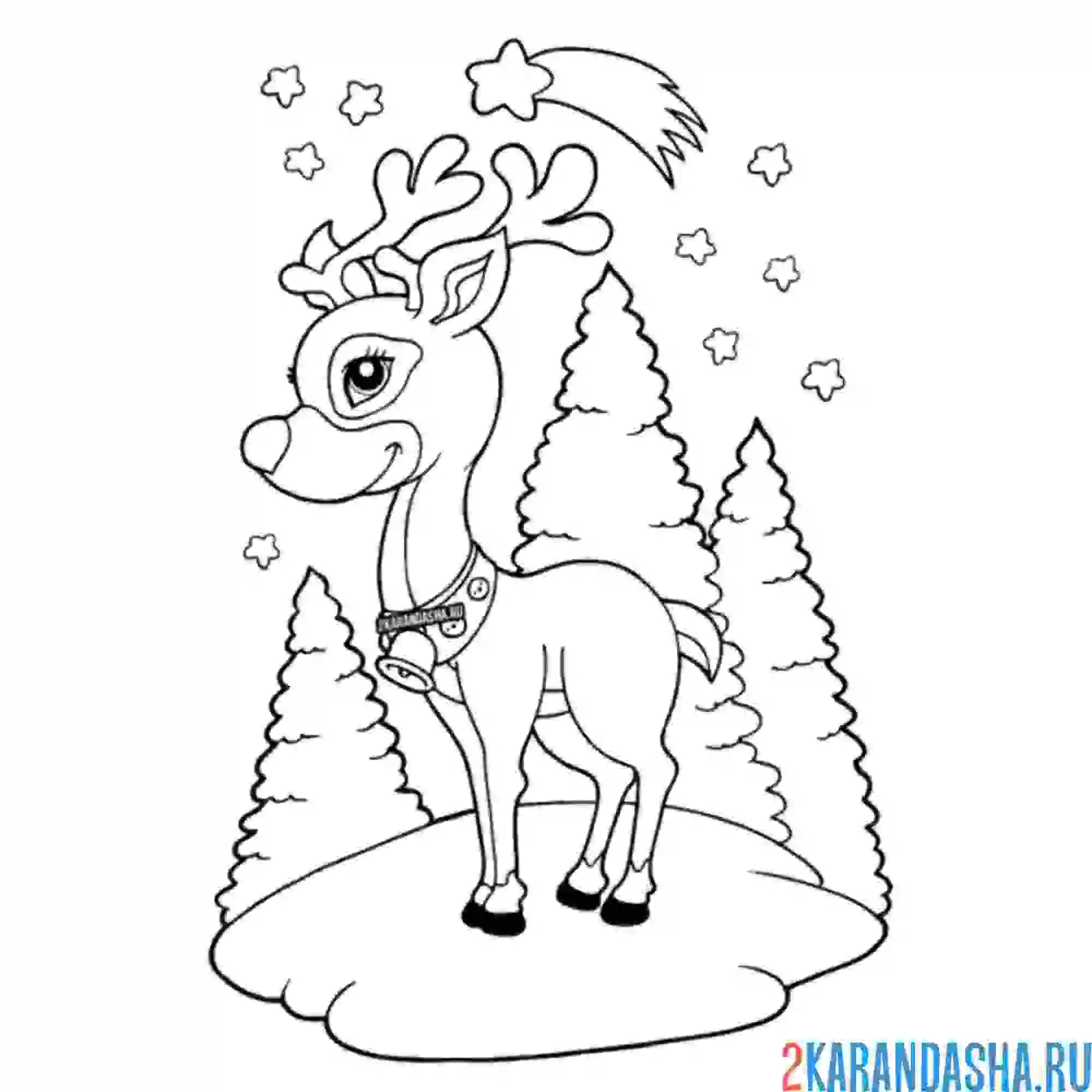 Раскраска новогодний олень зимой