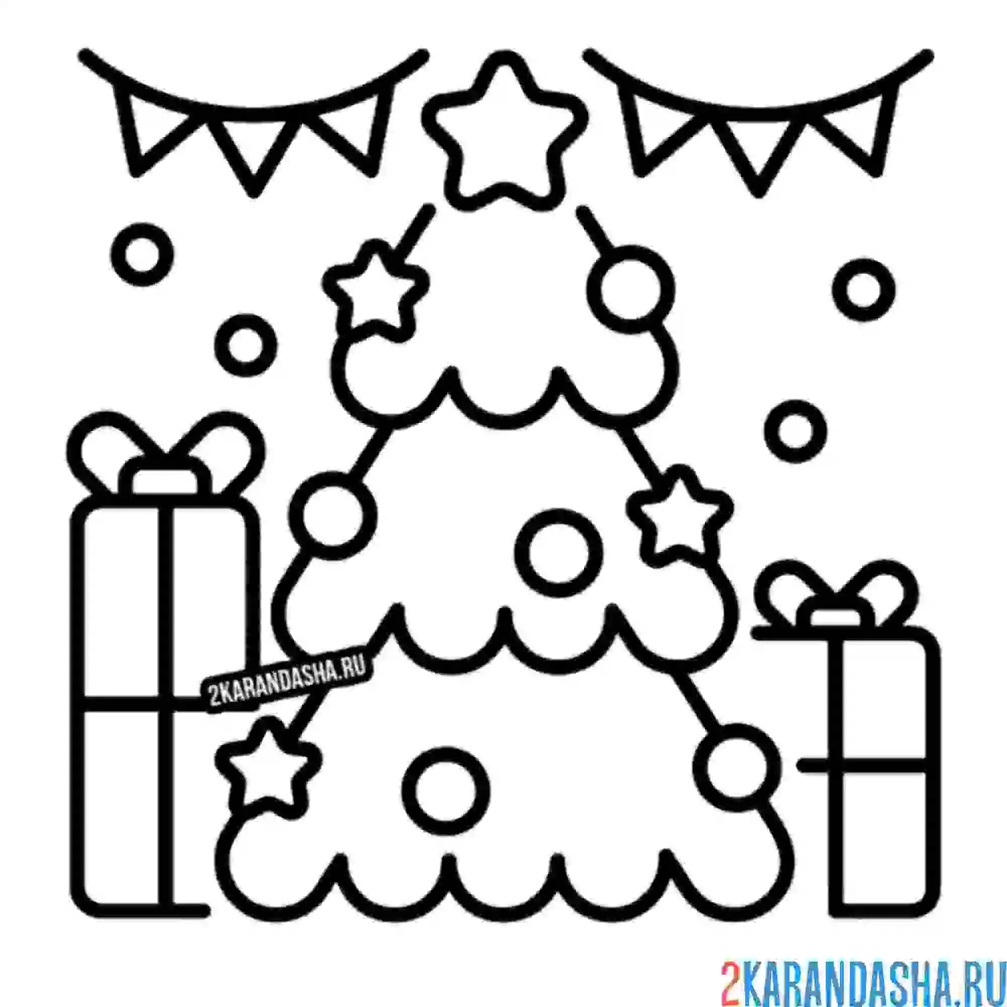 Раскраска новогодняя елка, подарки и гирлянда
