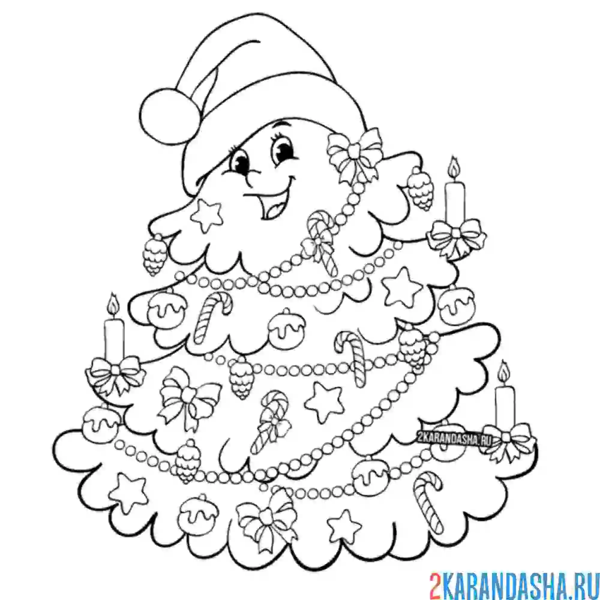 Раскраска очень красивая новогодняя елка в шапке