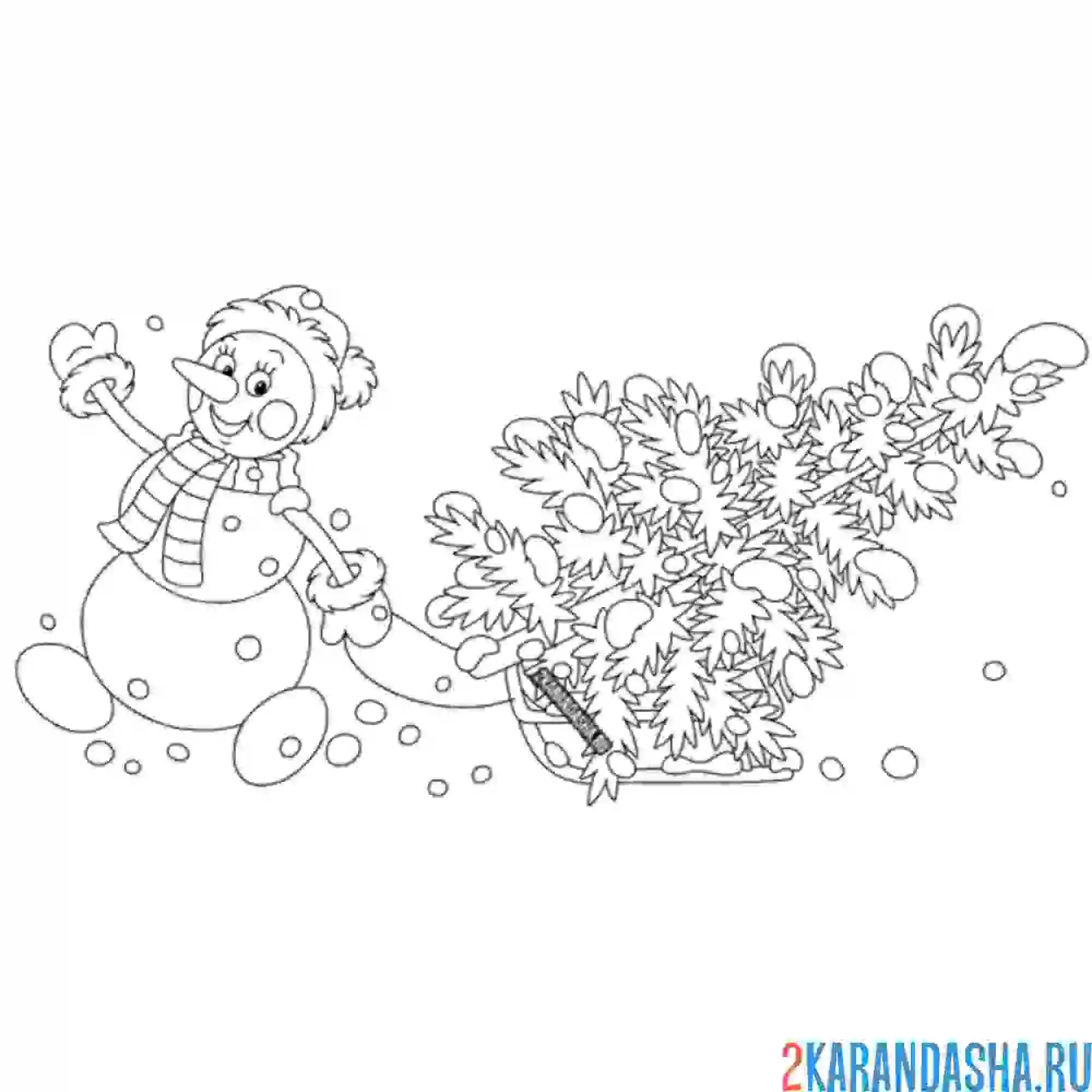 Раскраска снеговик тащит новогоднюю ёлку