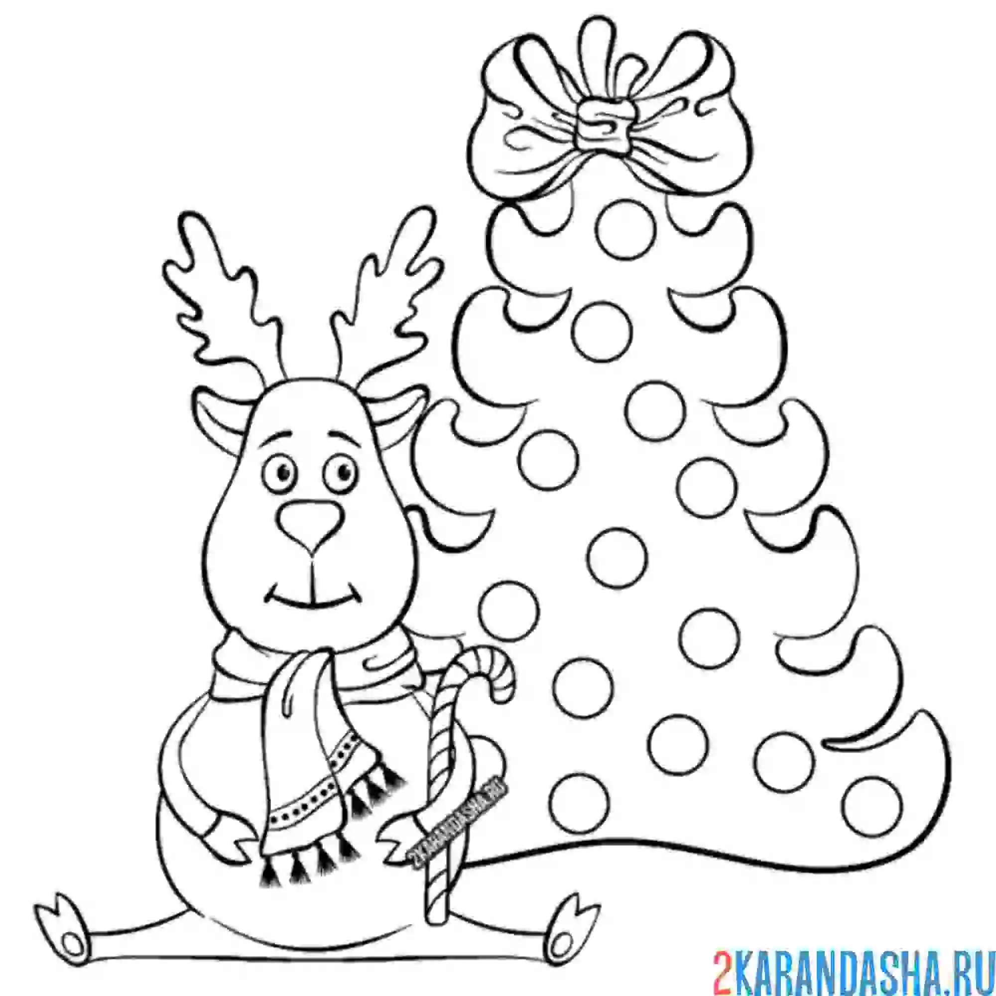 Раскраска новогодний олень и новогодняя елка