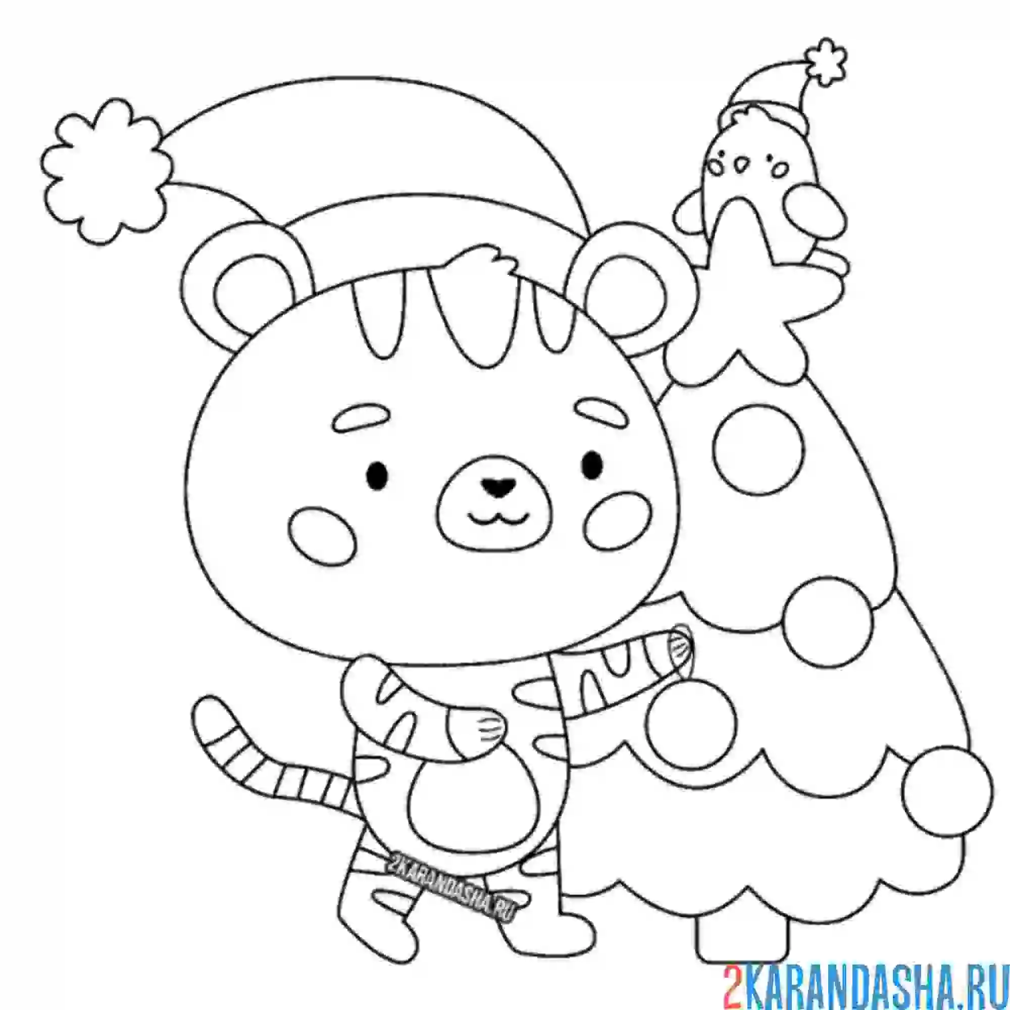 Раскраска тигр наряжает ёлку