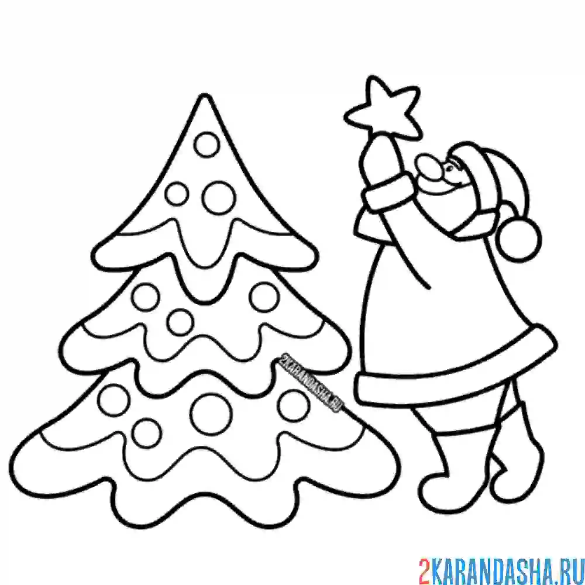 Раскраска дед мороз ставит звезду на ёлку