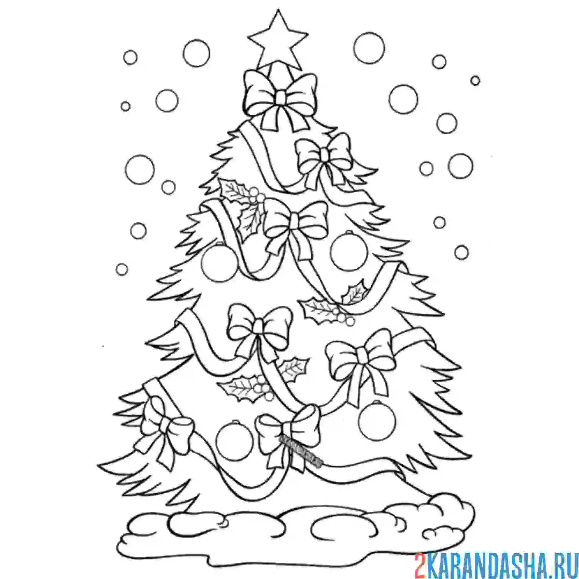 Раскраска новогодняя елка с бантиками