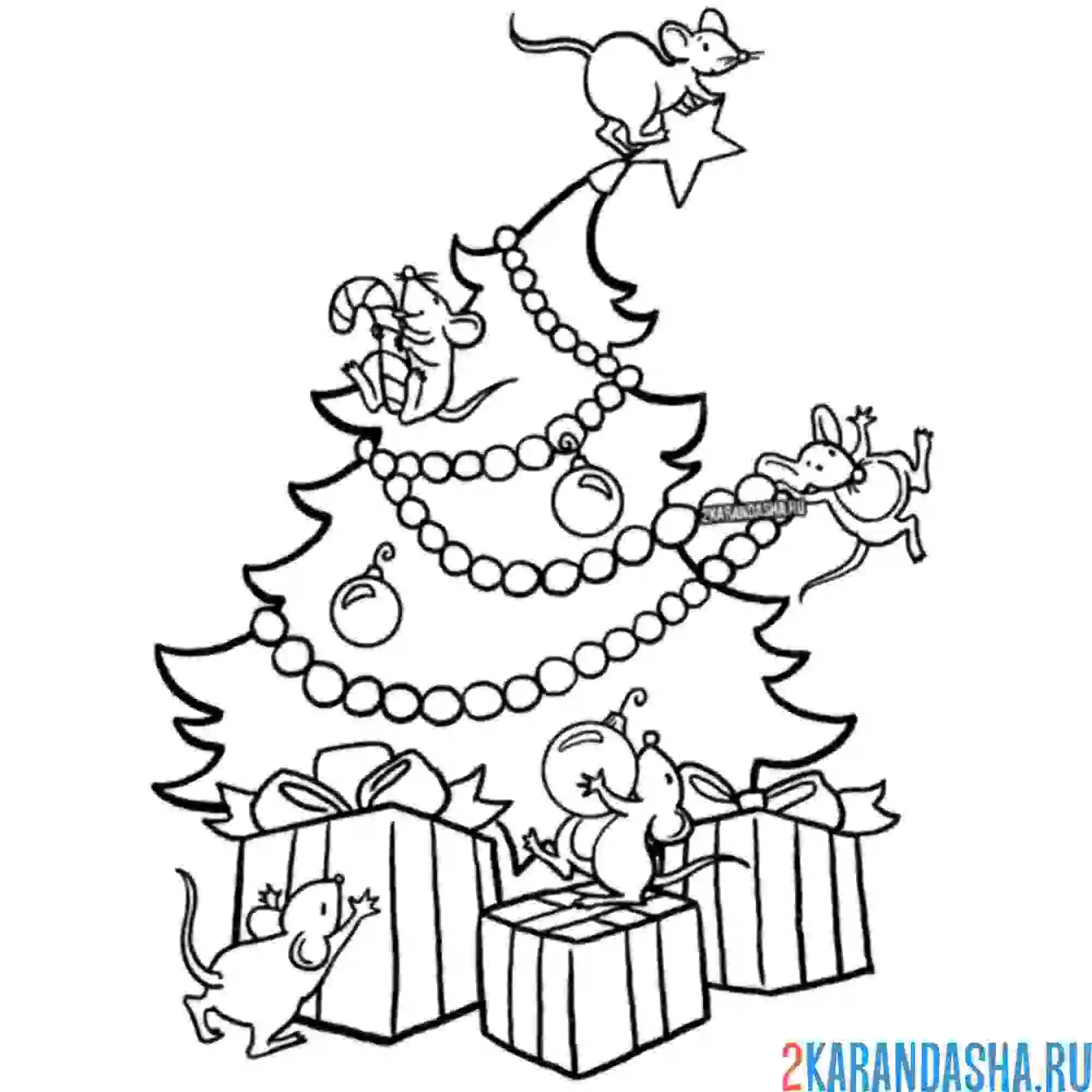 Раскраска мышата наряжают новогоднюю елку