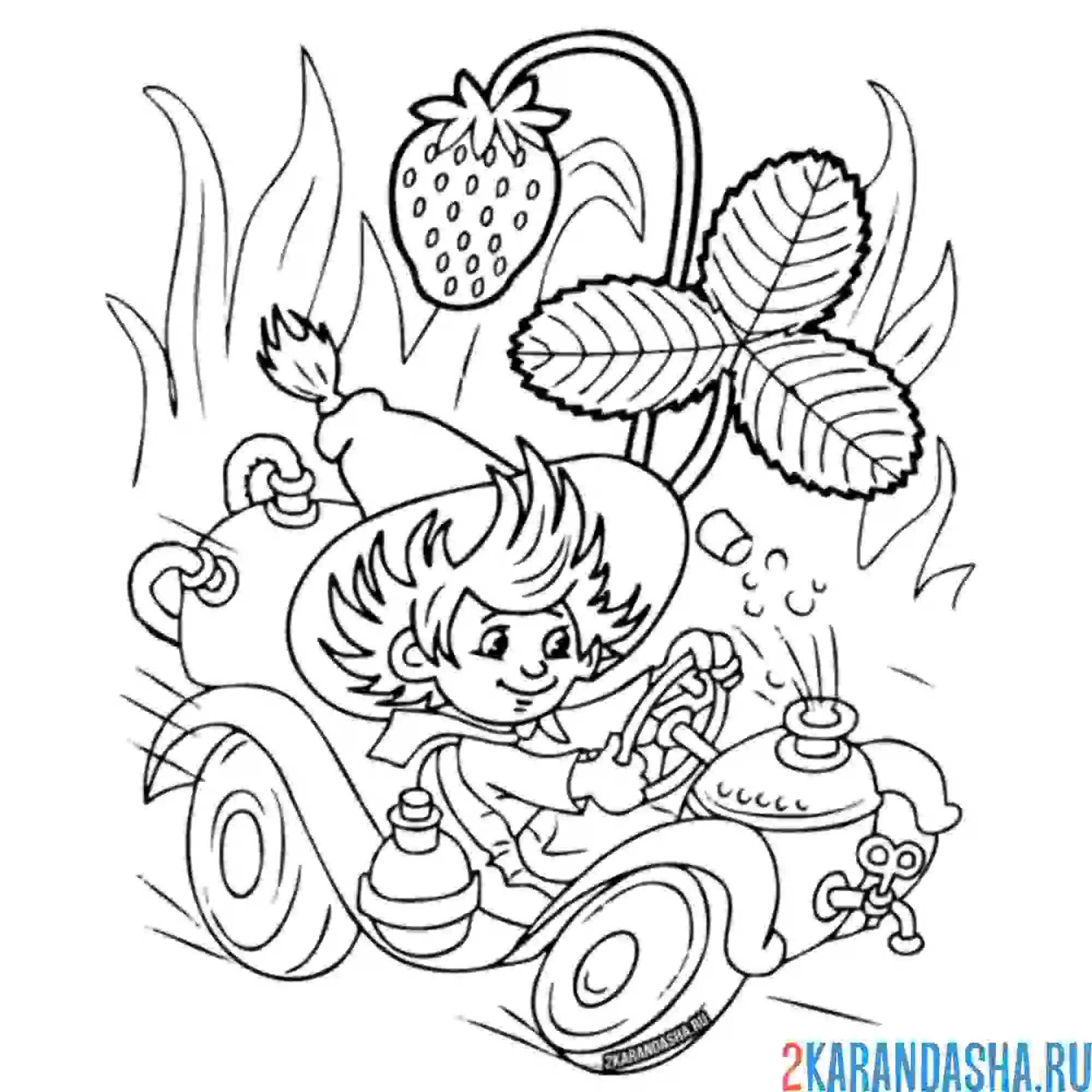 Раскраска незнайка на машине мчится