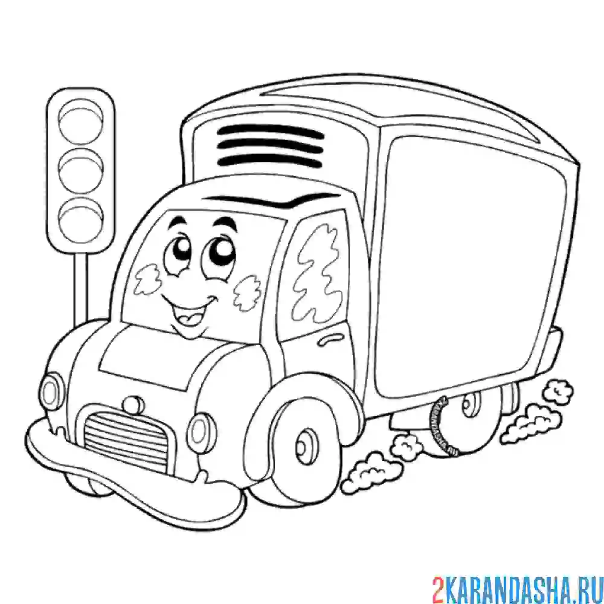Раскраска грузовая машина ждет сигнал светофора