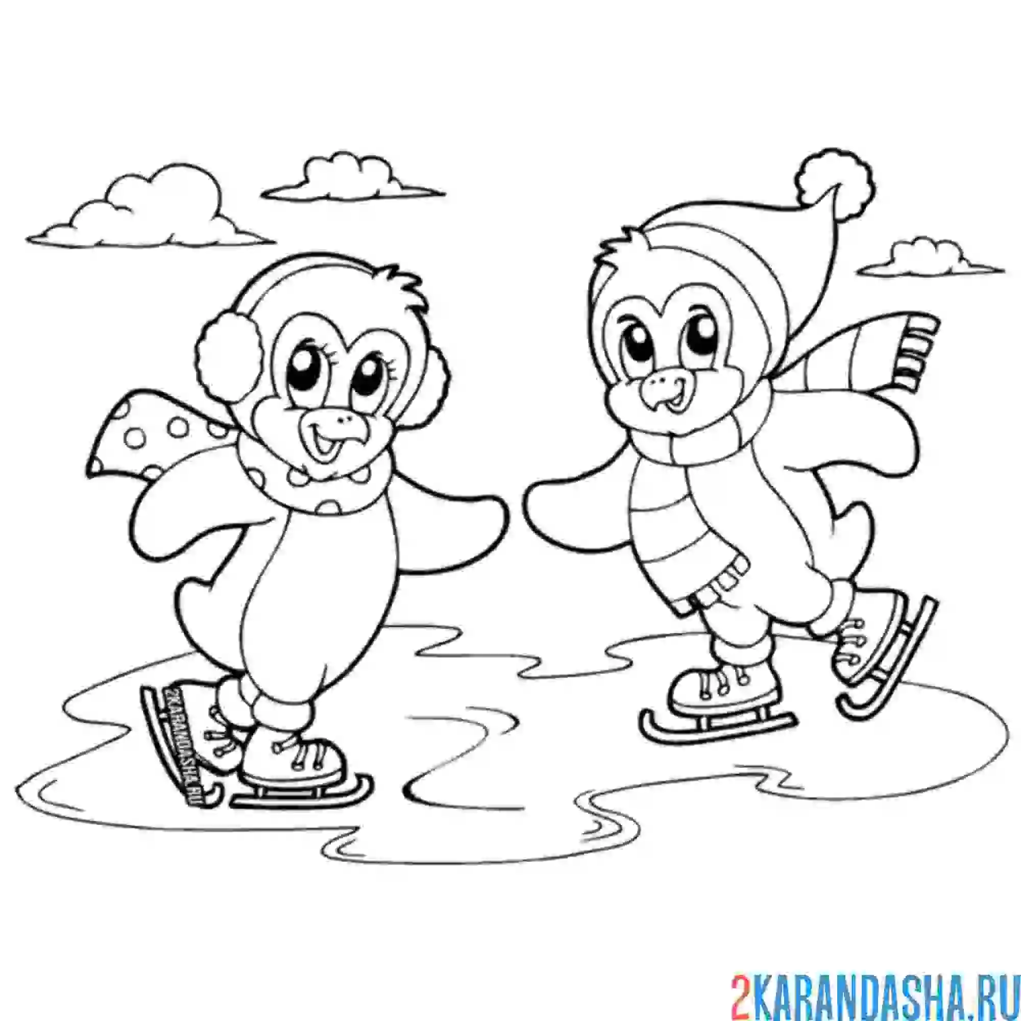 Раскраска два пингвина на катке