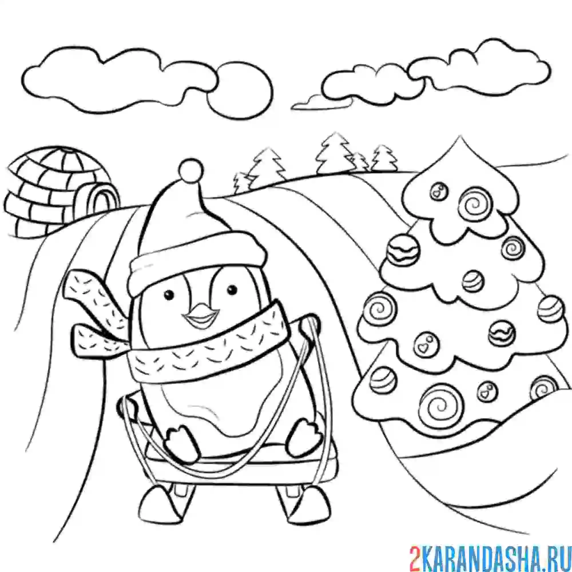 Раскраска пингвин на санках мчится с горы