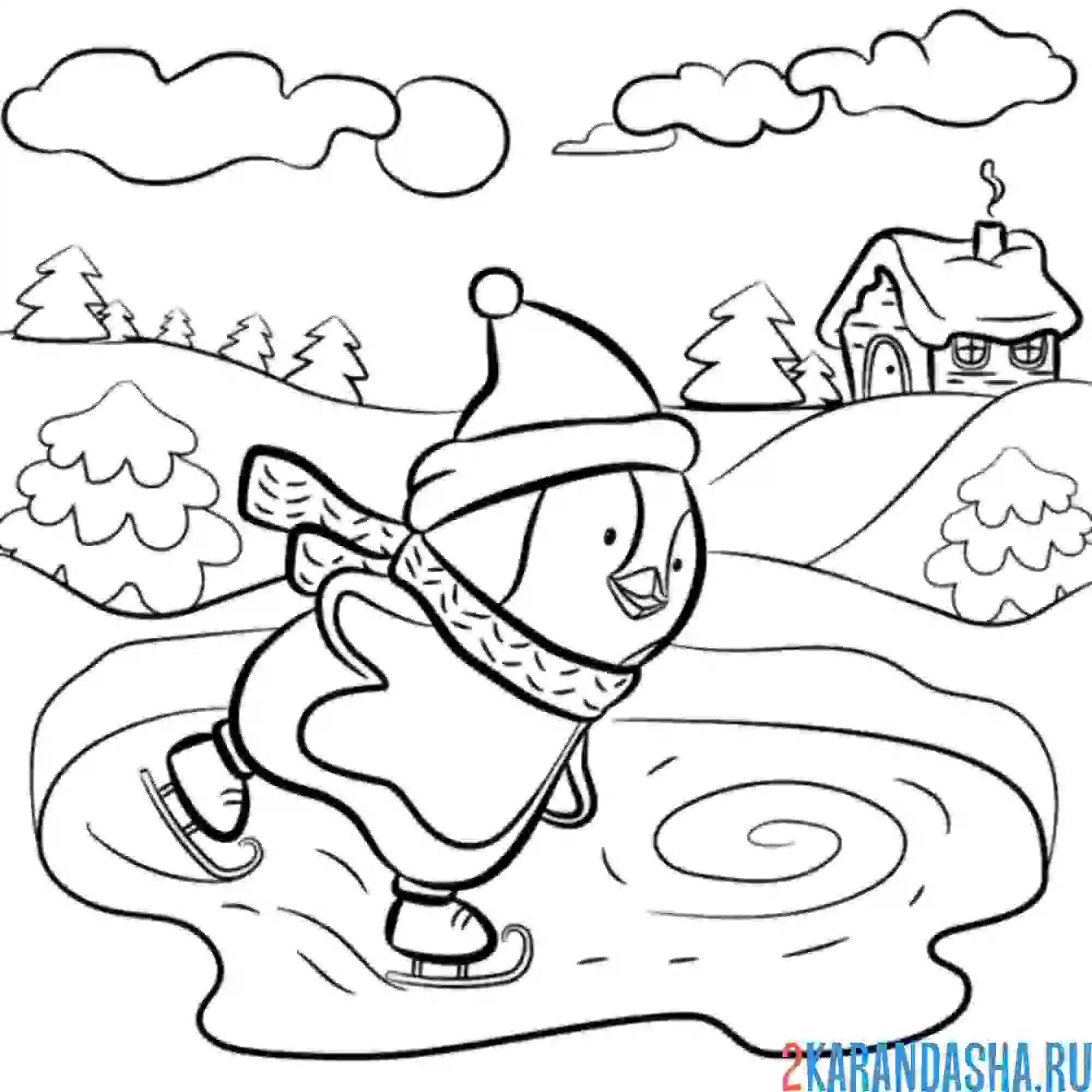 Раскраска пингвин на катке