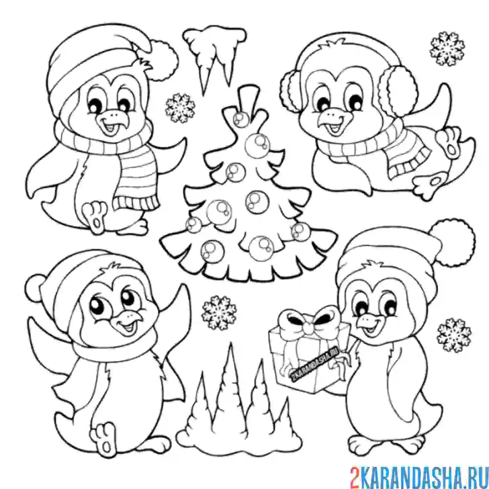 Раскраска пингвин около елки