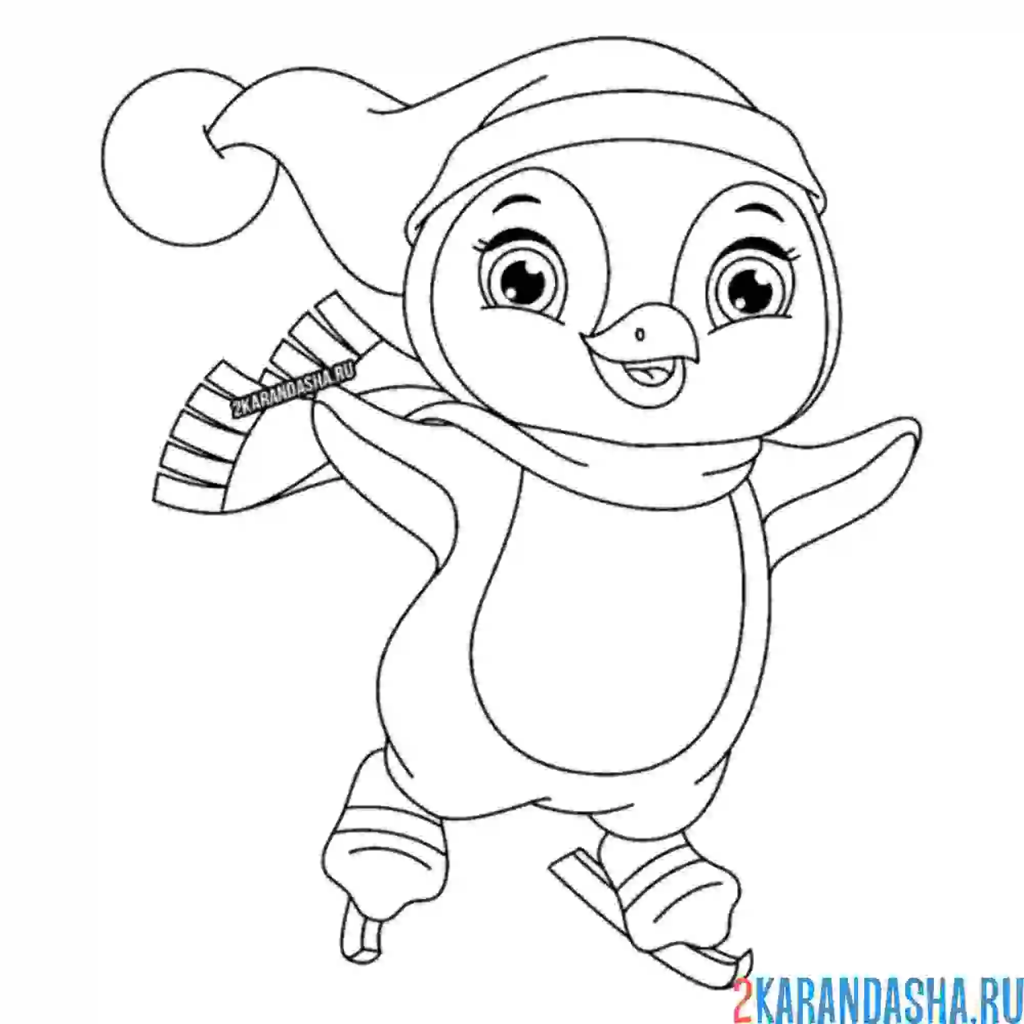 Раскраска пингвин катается на коньках