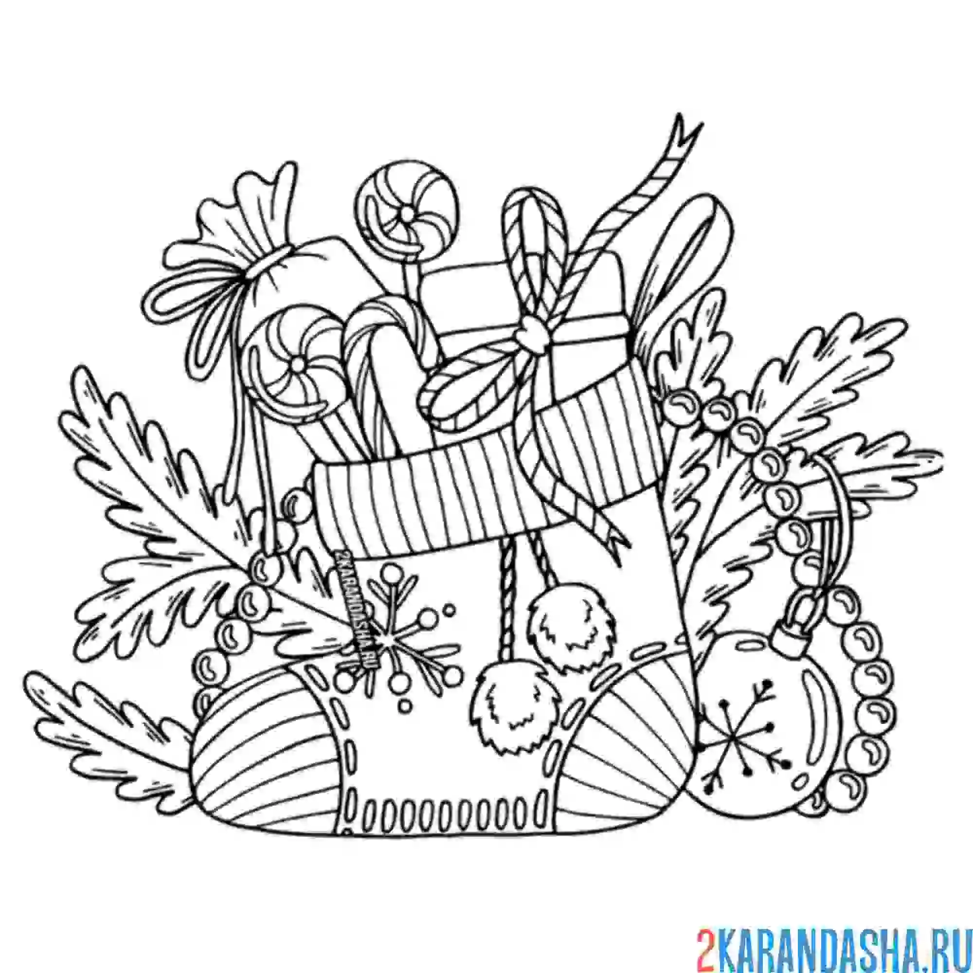 Раскраска носок новогодний с подарком