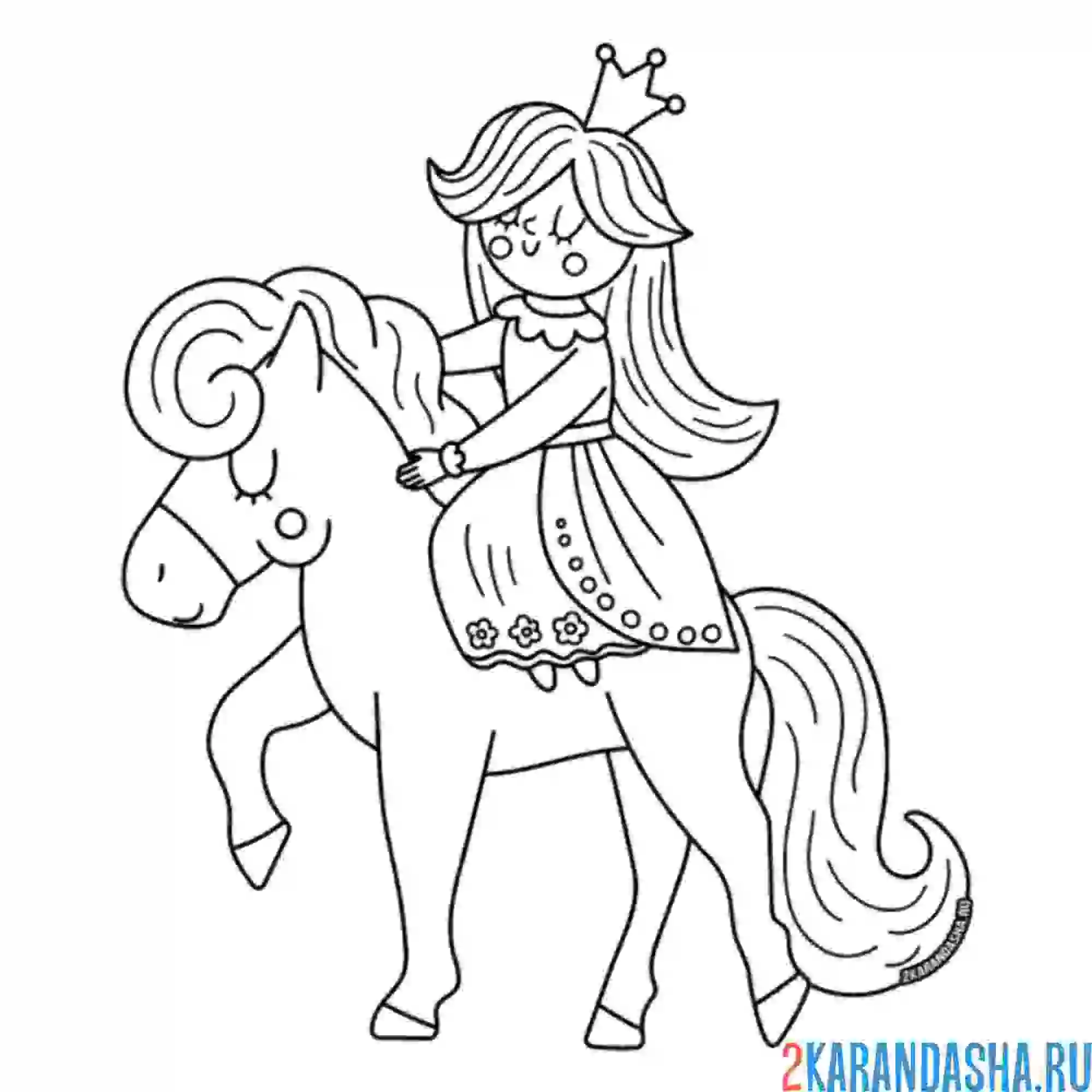 Раскраска принцесса на коне в короне