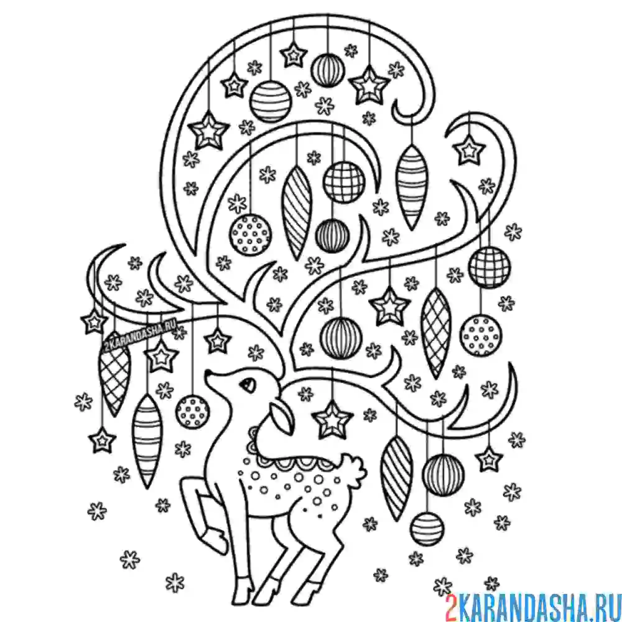 Раскраска рождественский олень с игрушками