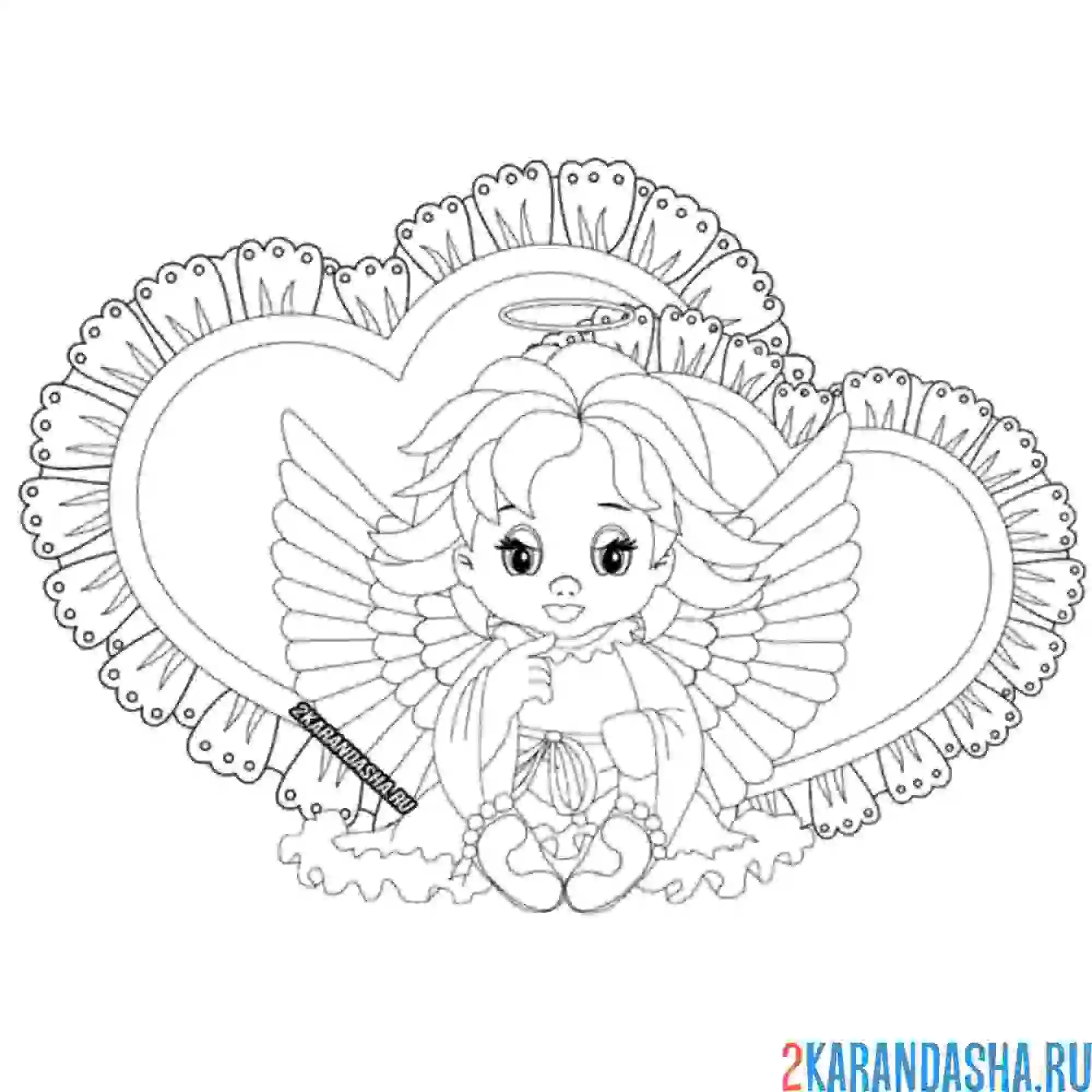 Раскраска ангел в сердечках