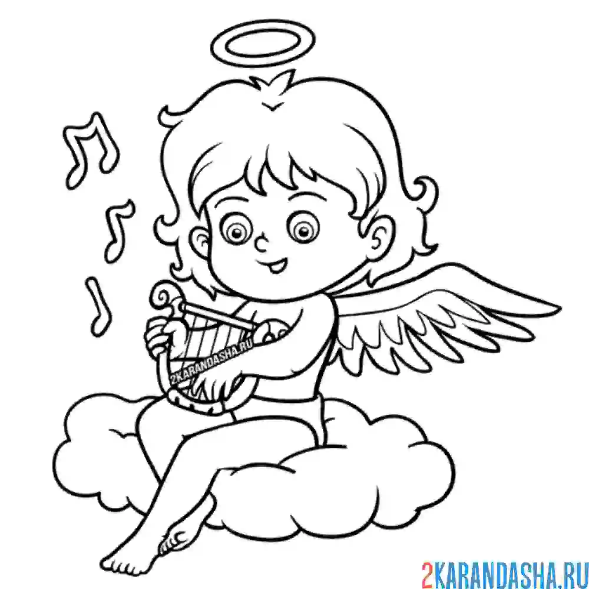 Раскраска ангел играет на арфе