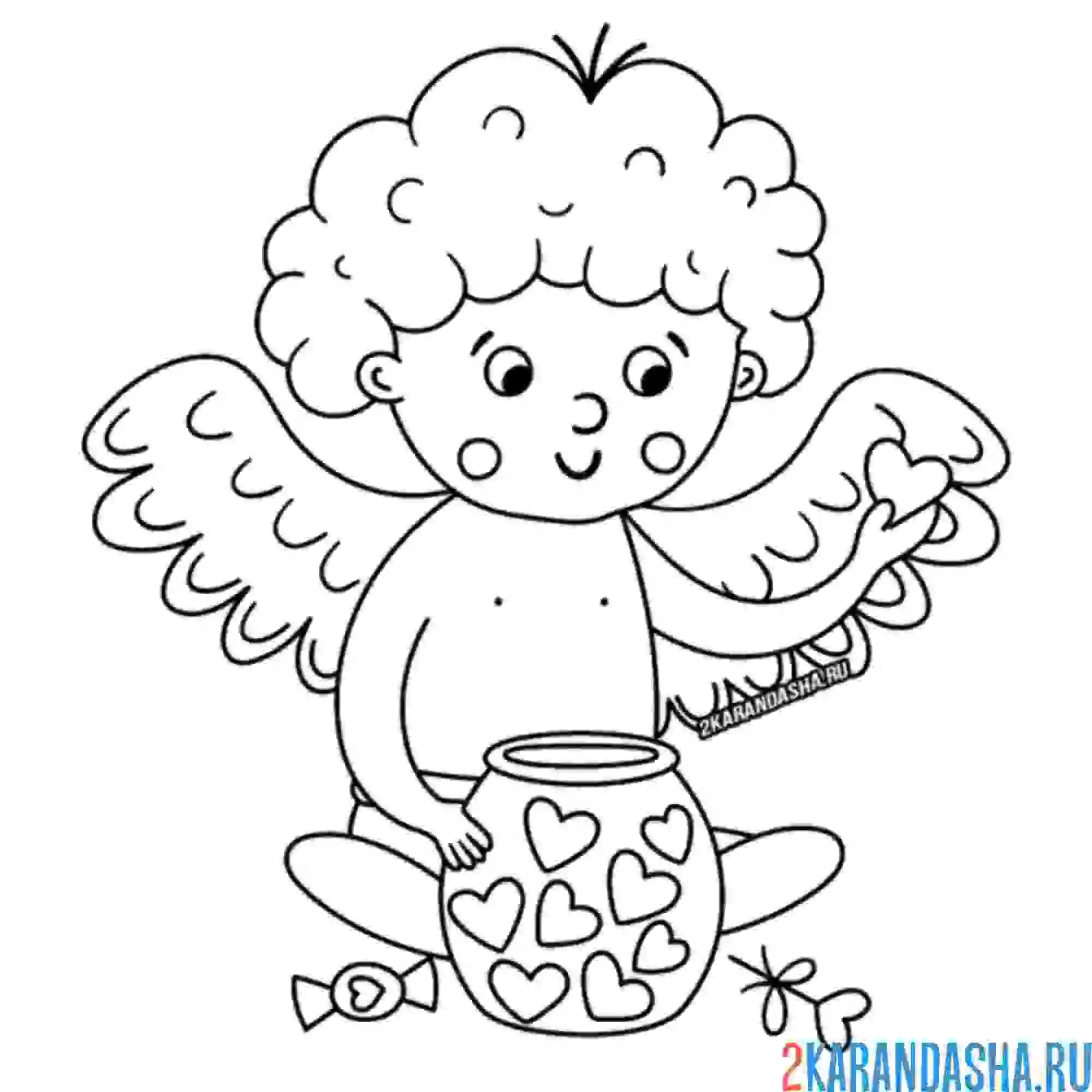 Раскраска ангелок с сердечками