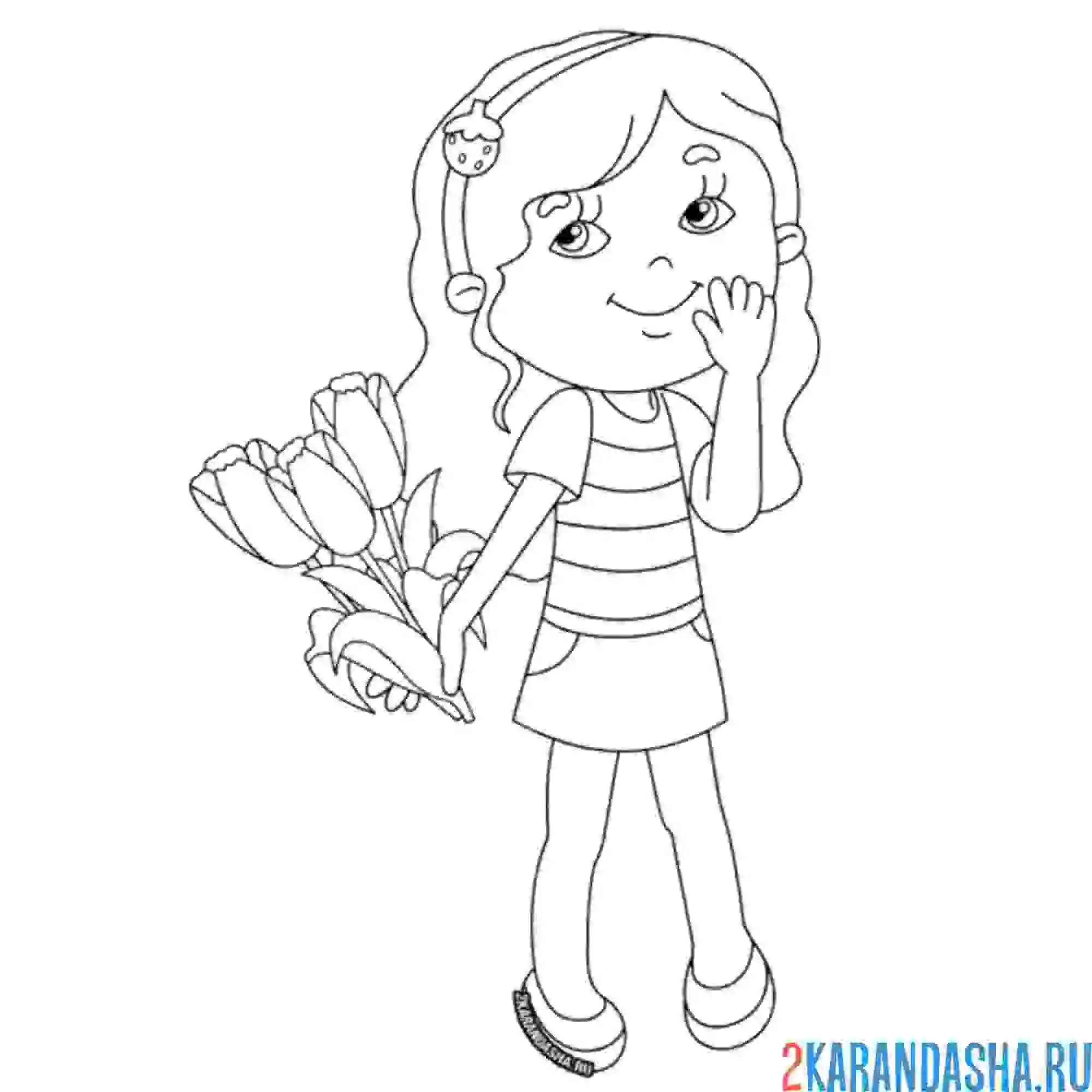 Раскраска девочка с тюльпанами