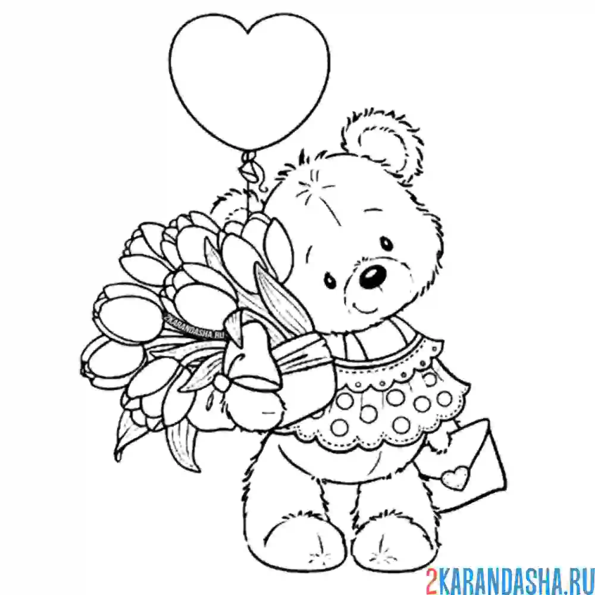 Раскраска мишка с подарком и цветами