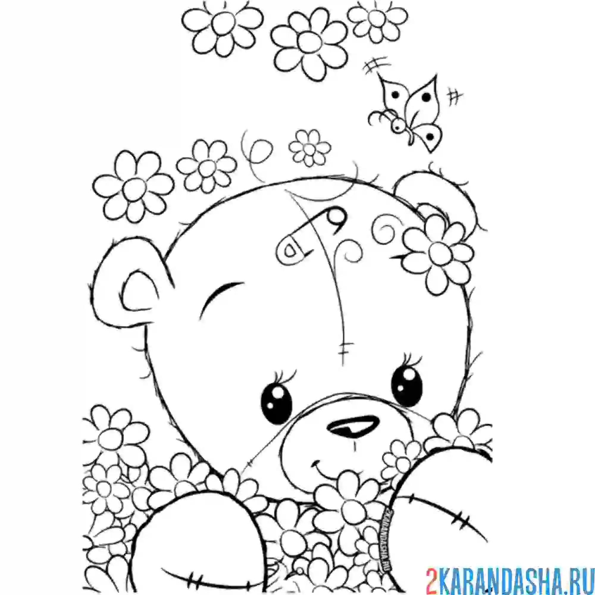 Раскраска мишка в цветах