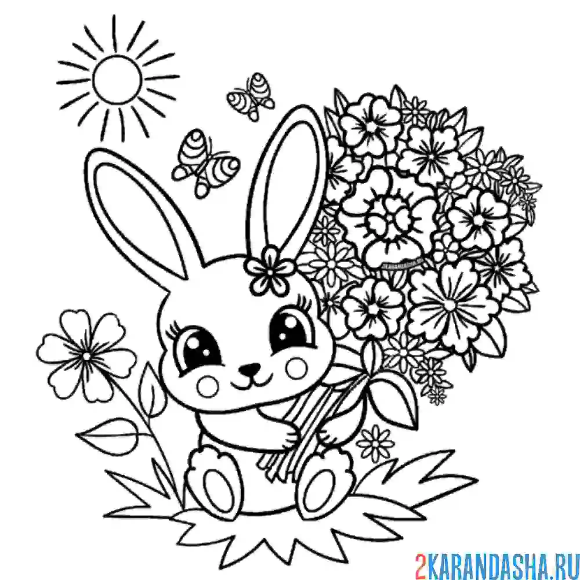 Раскраска зайка с букетом для тебя