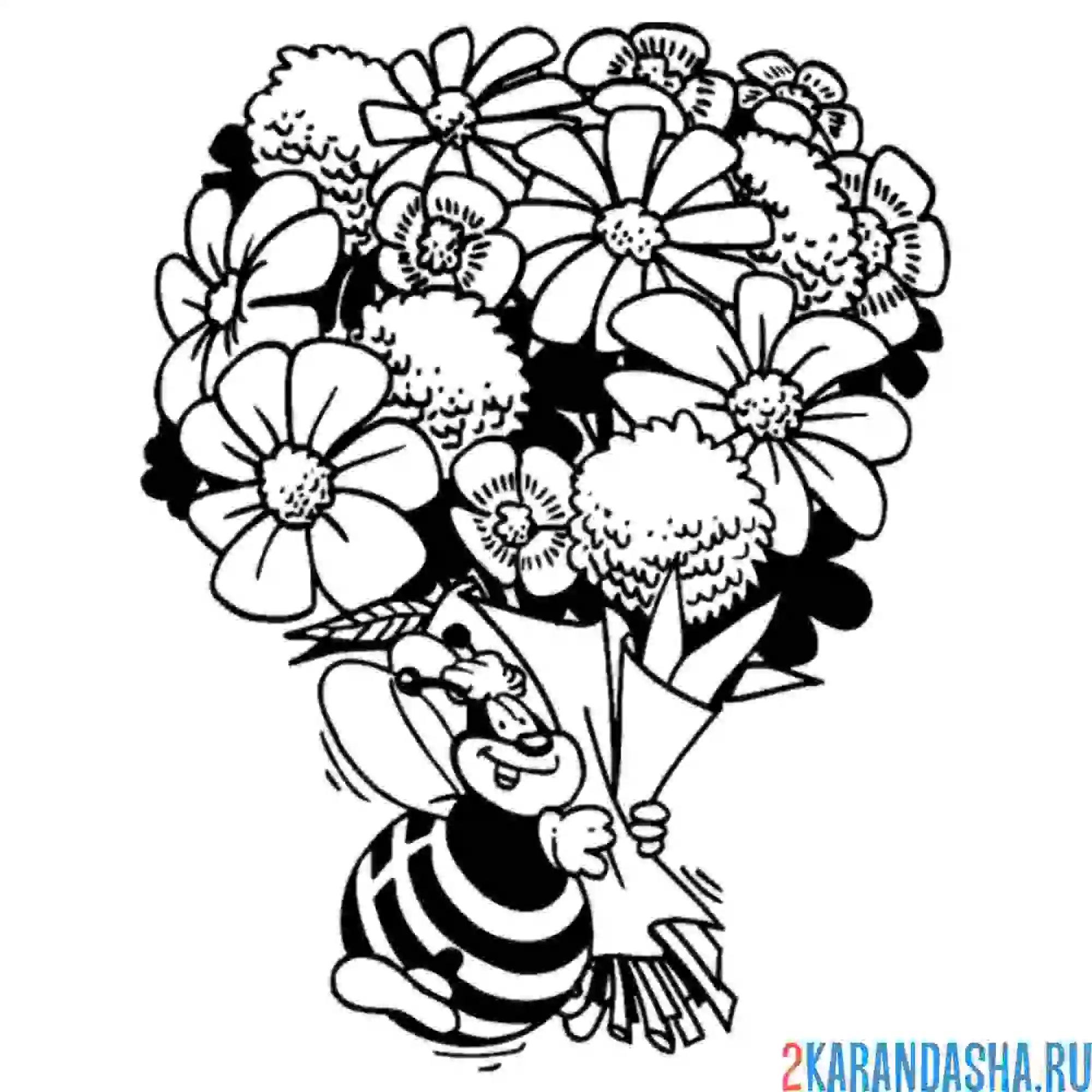 Раскраска пчелка с букетом цветов
