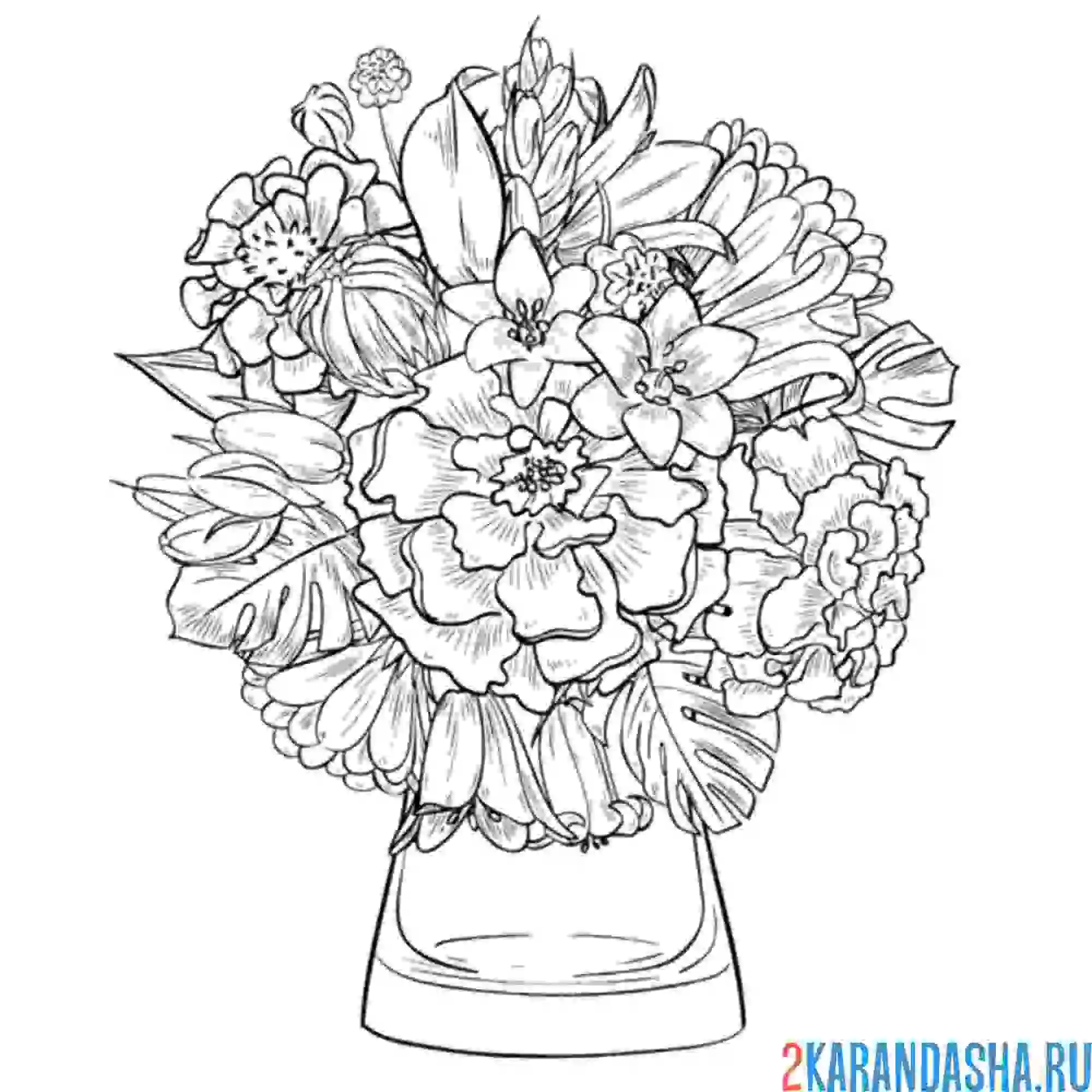 Раскраска разные цветы в вазе