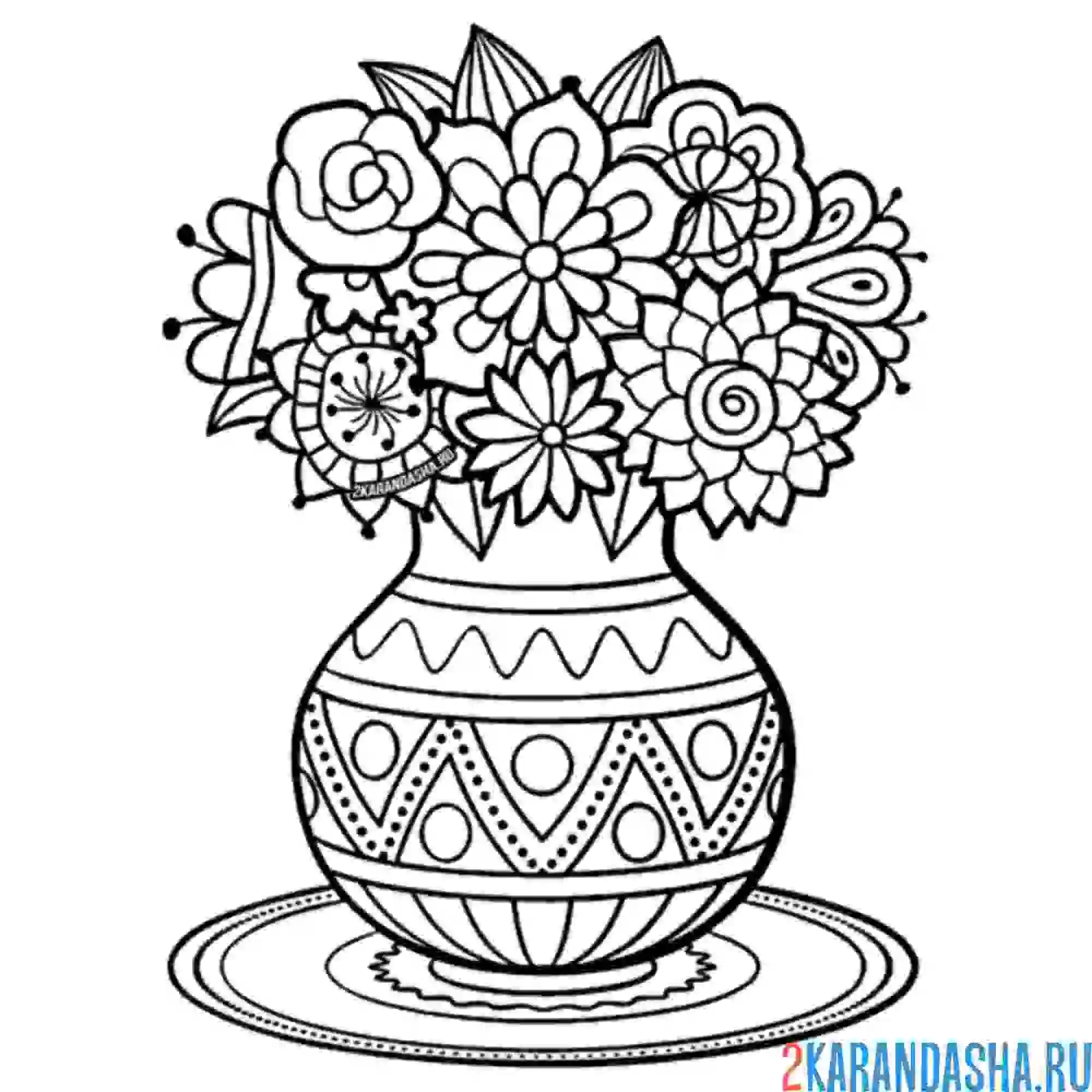 Раскраска расписная ваза с цветами