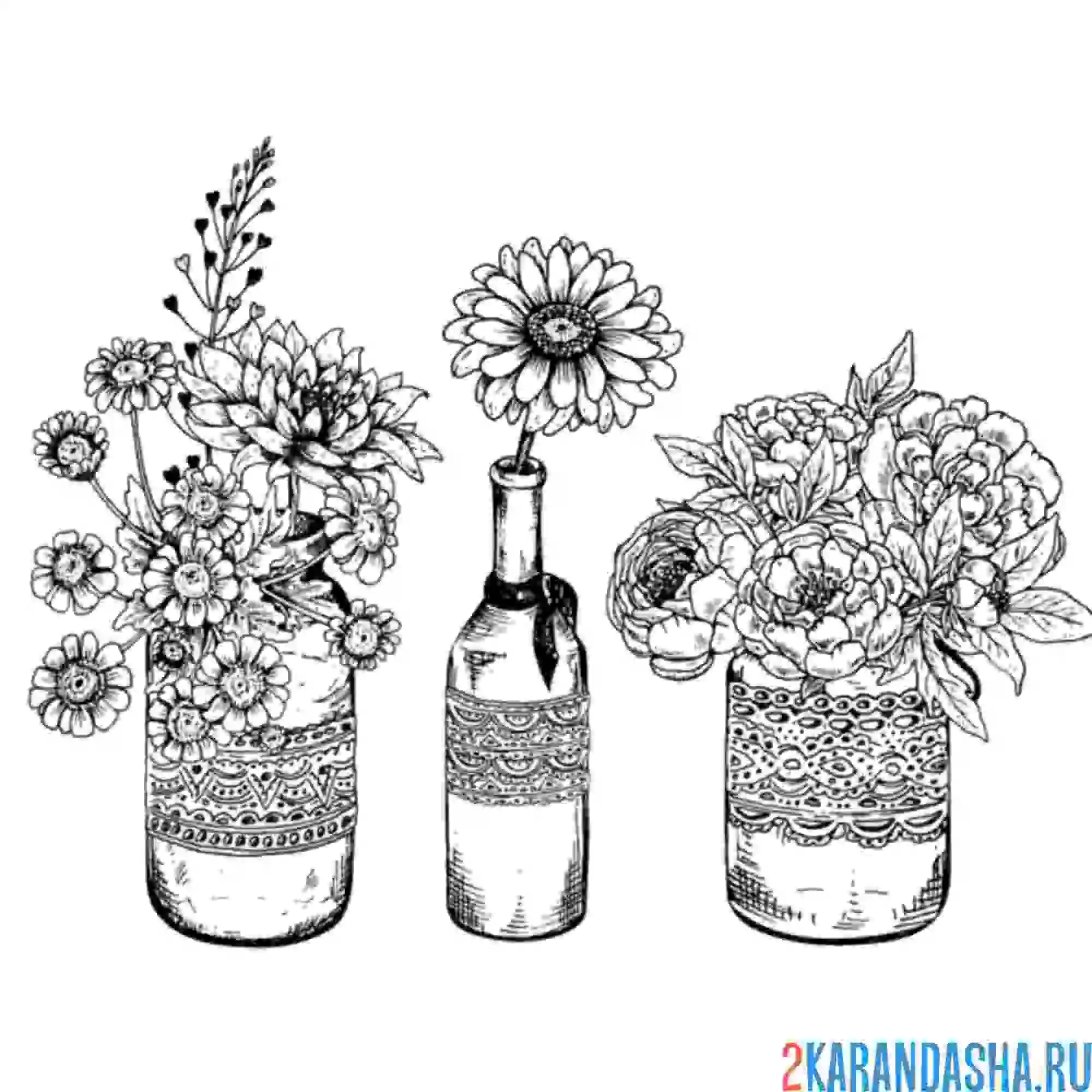 Раскраска три разных букета