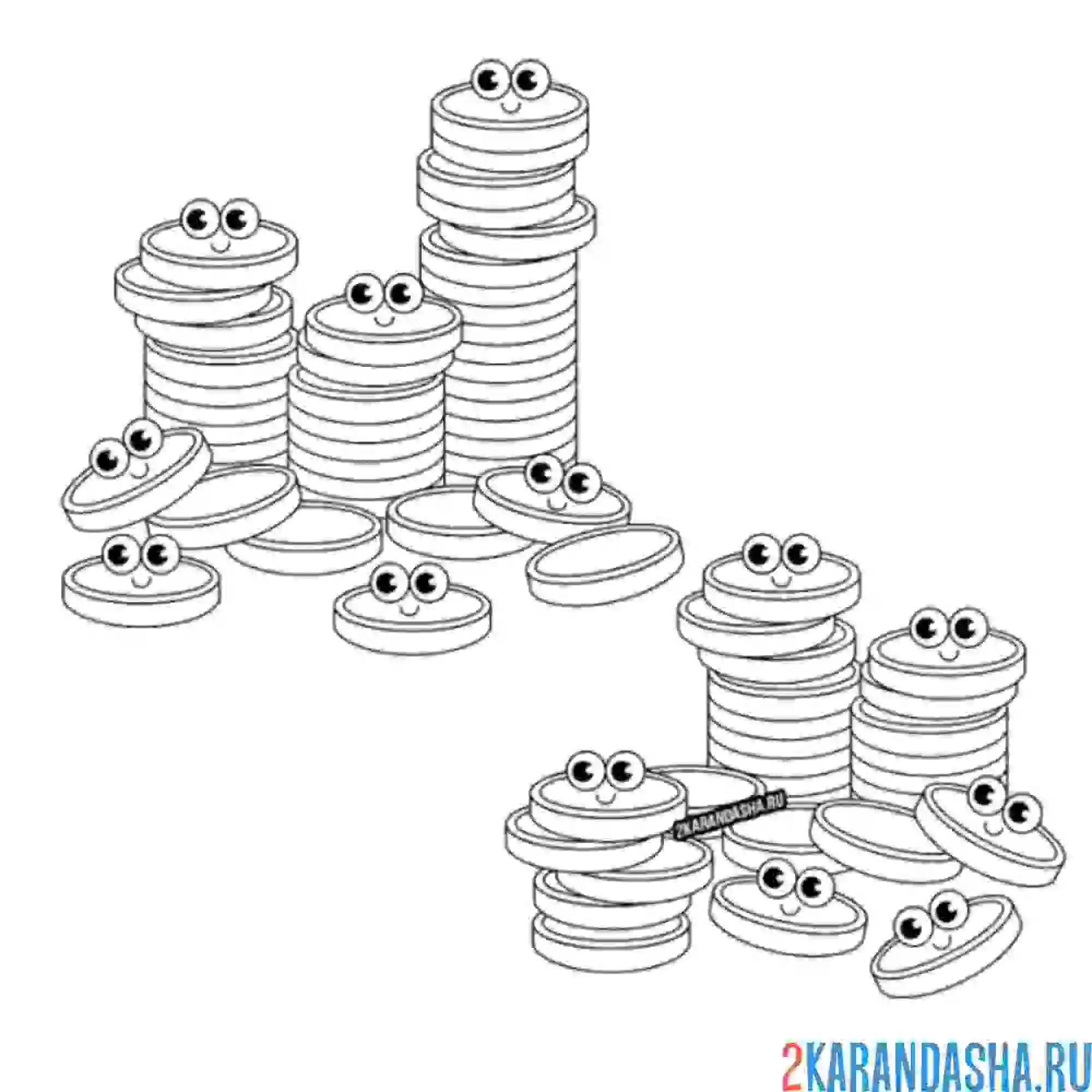 Раскраска стопки монет с глазами