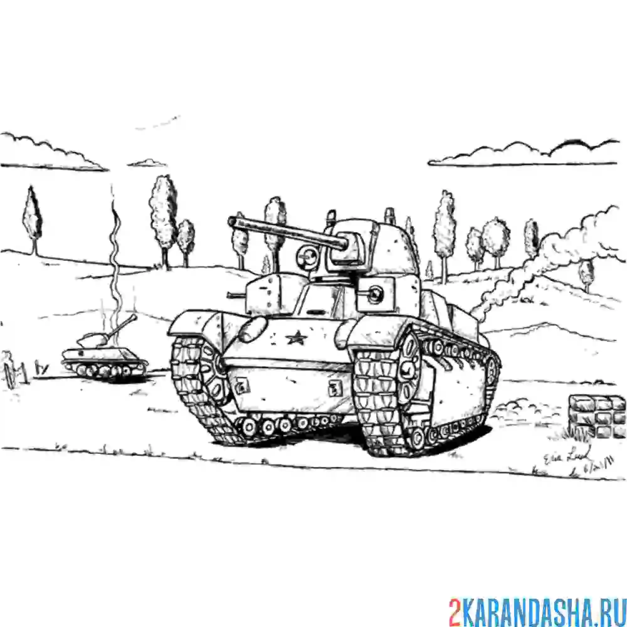 Раскраска военный танки на войне