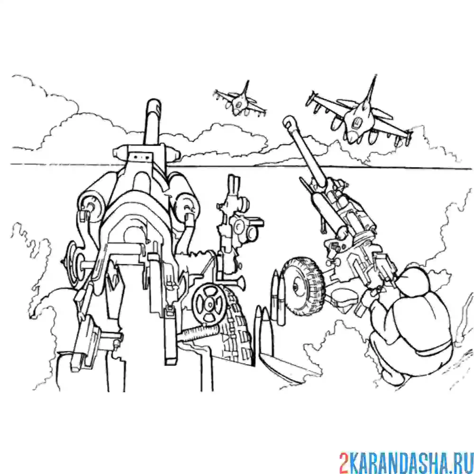 Раскраска пушки стреляют по самолетам