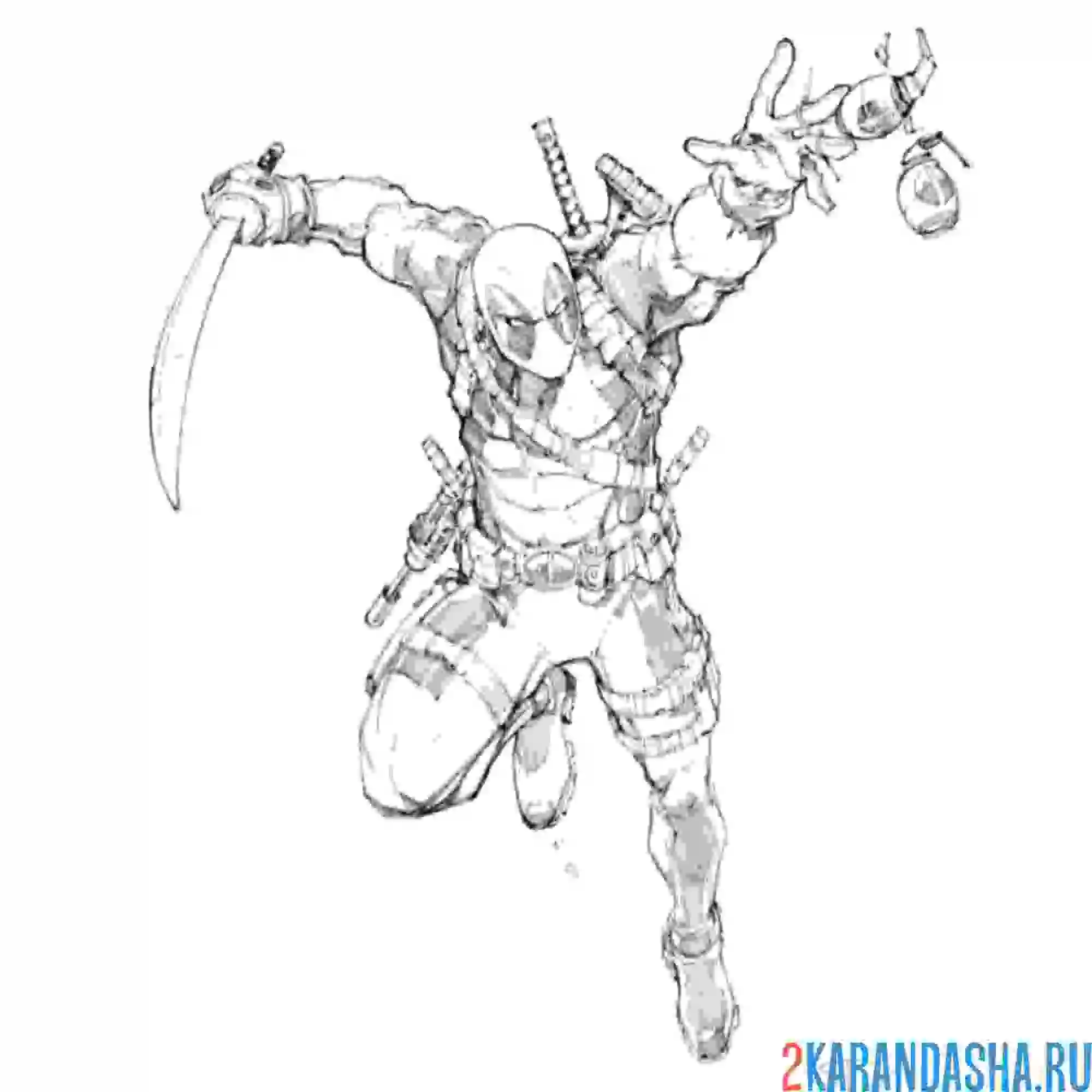 Раскраска дэдпул кидает гранаты