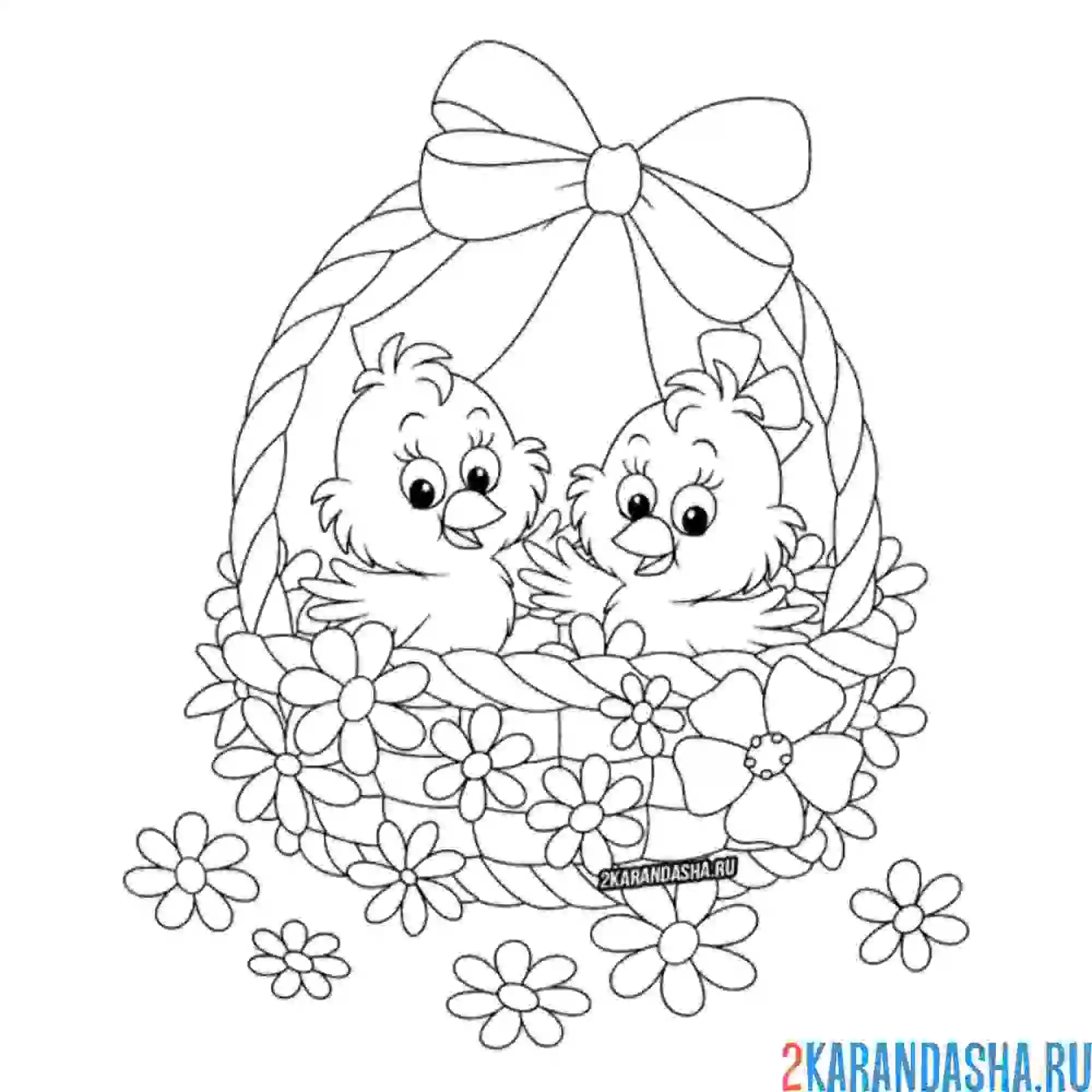 Раскраска цыплята в корзинке