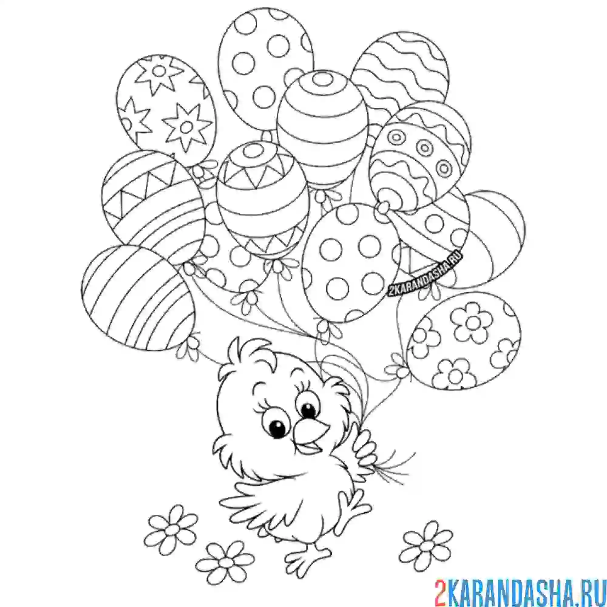 Раскраска цыпленок с шарами яйцами