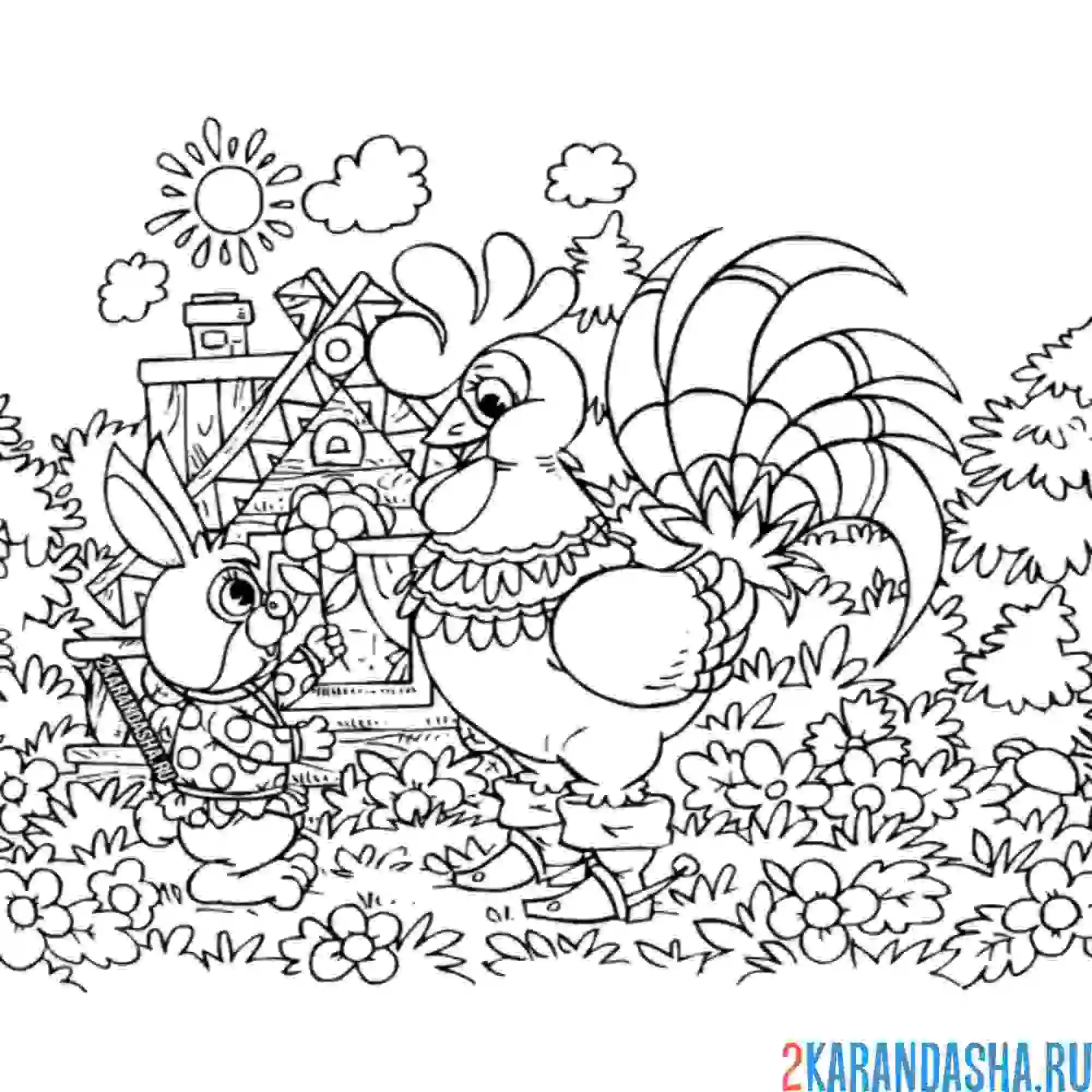 Раскраска петух и заяц