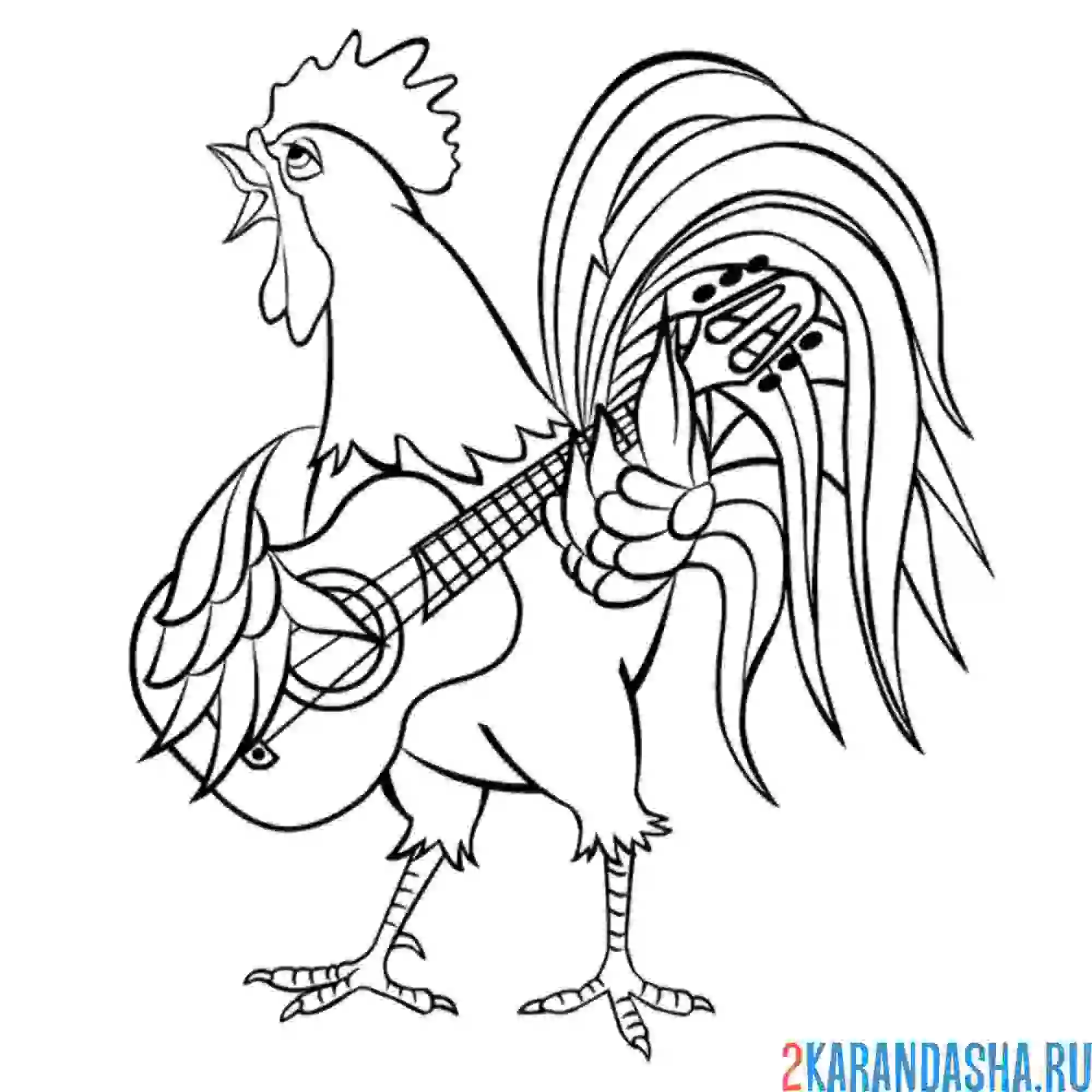 Раскраска петух играет на гитаре
