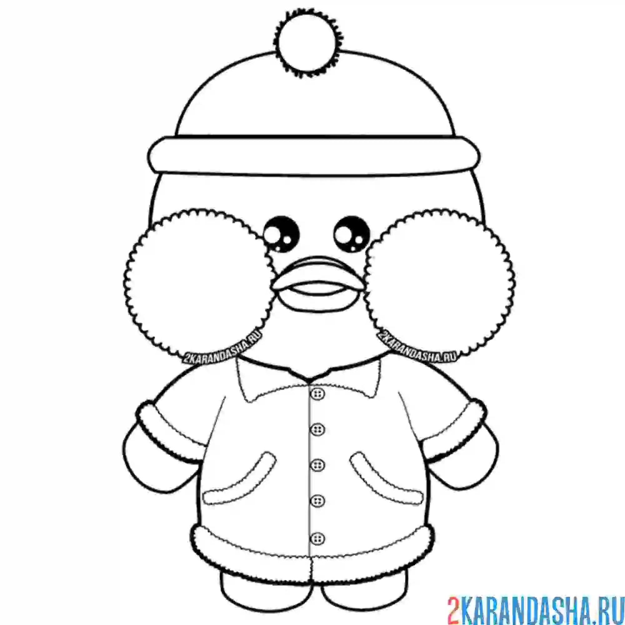 Раскраска уточка лалафанфан в шапке и куртке