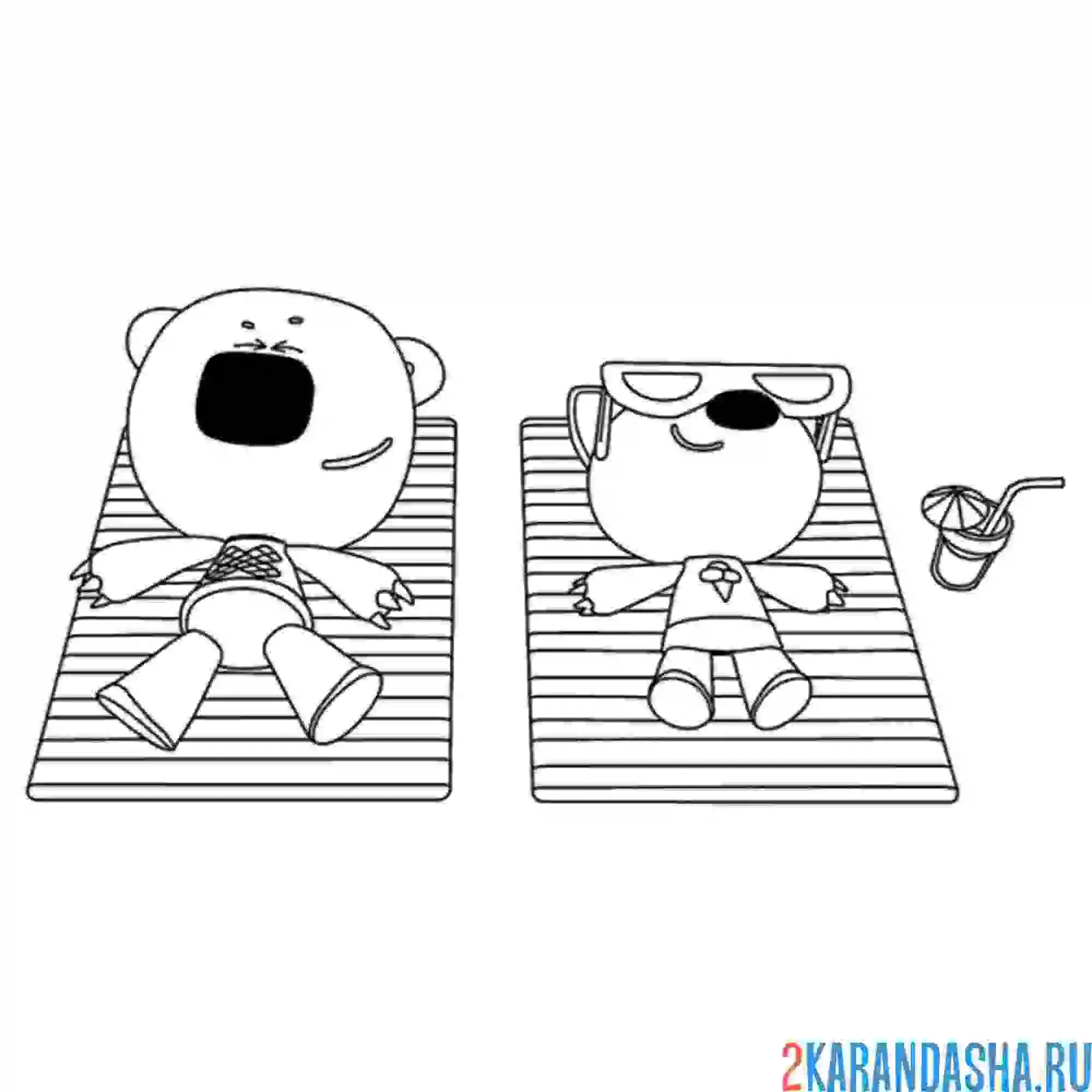 Раскраска ми-ми-мишки лисичка и кеша загорают