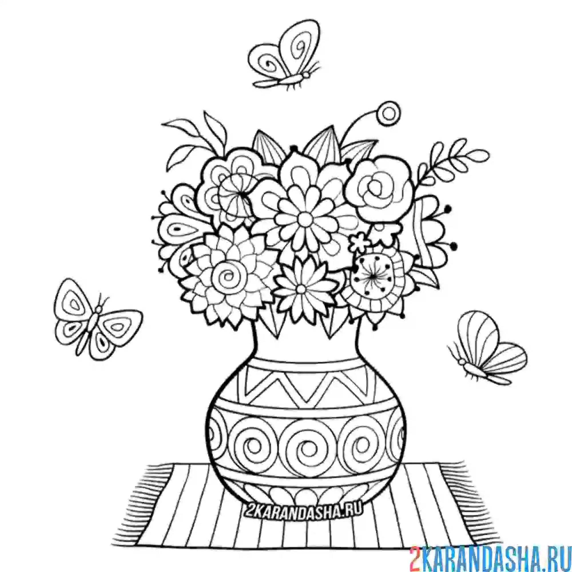 Раскраска ваза с полевыми цветами и бабочки