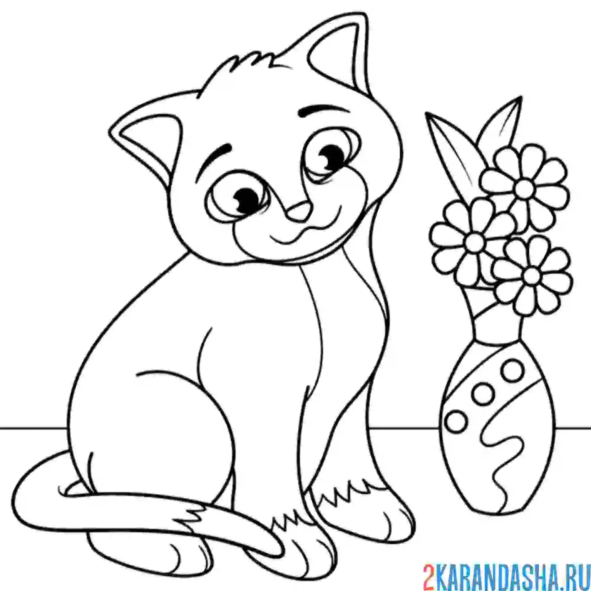 Раскраска котик смотрит на вазу с цветами