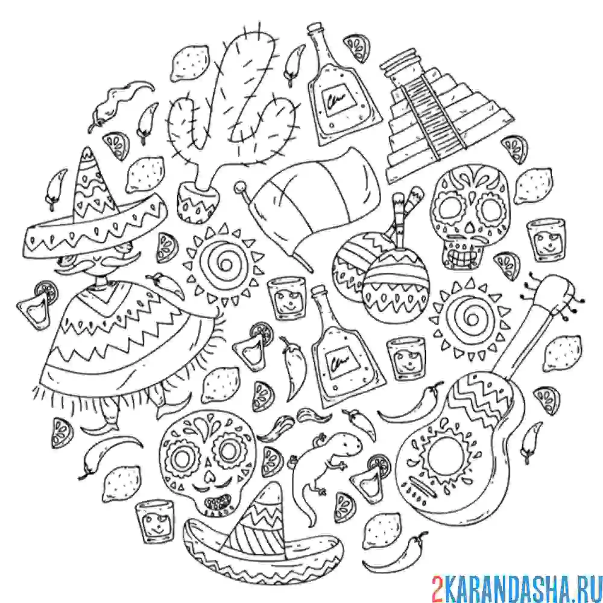 Раскраска наклейки мексиканская тема